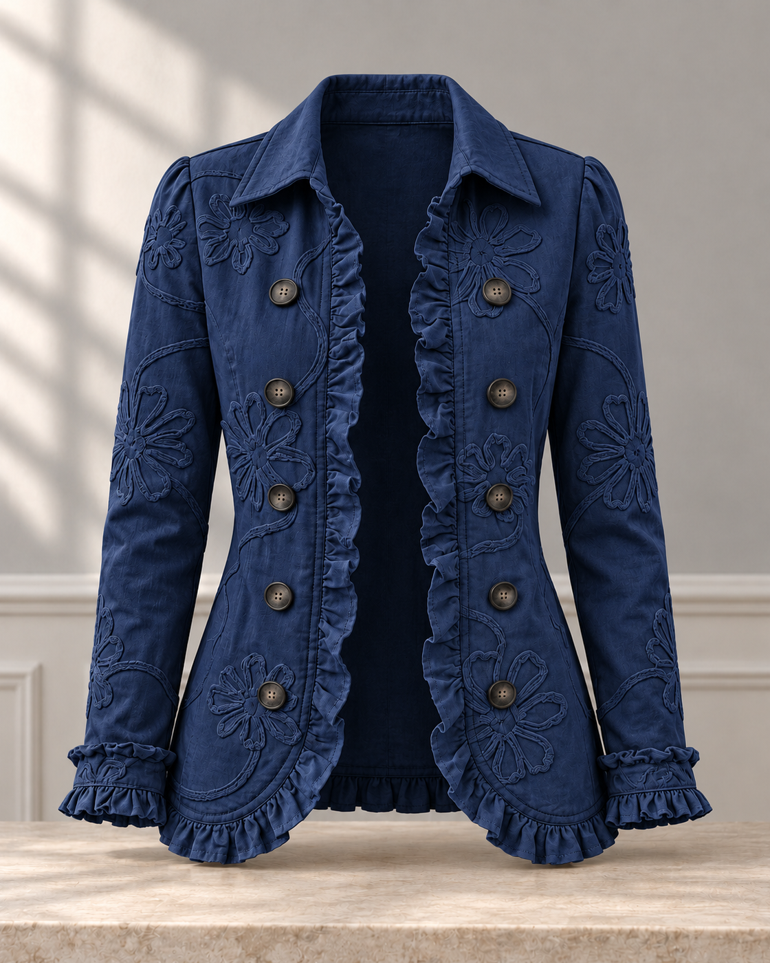Double-breasted Ruffled Slim-fit Digital Printed Jacket — Dark Blue