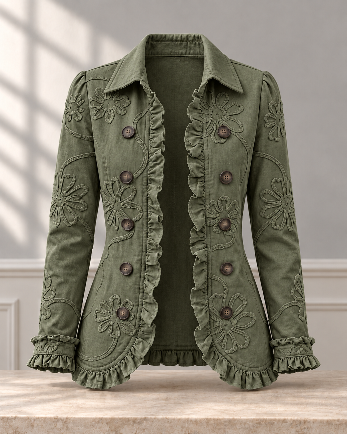 Double-breasted Ruffled Slim-fit Digital Printed Jacket — Green