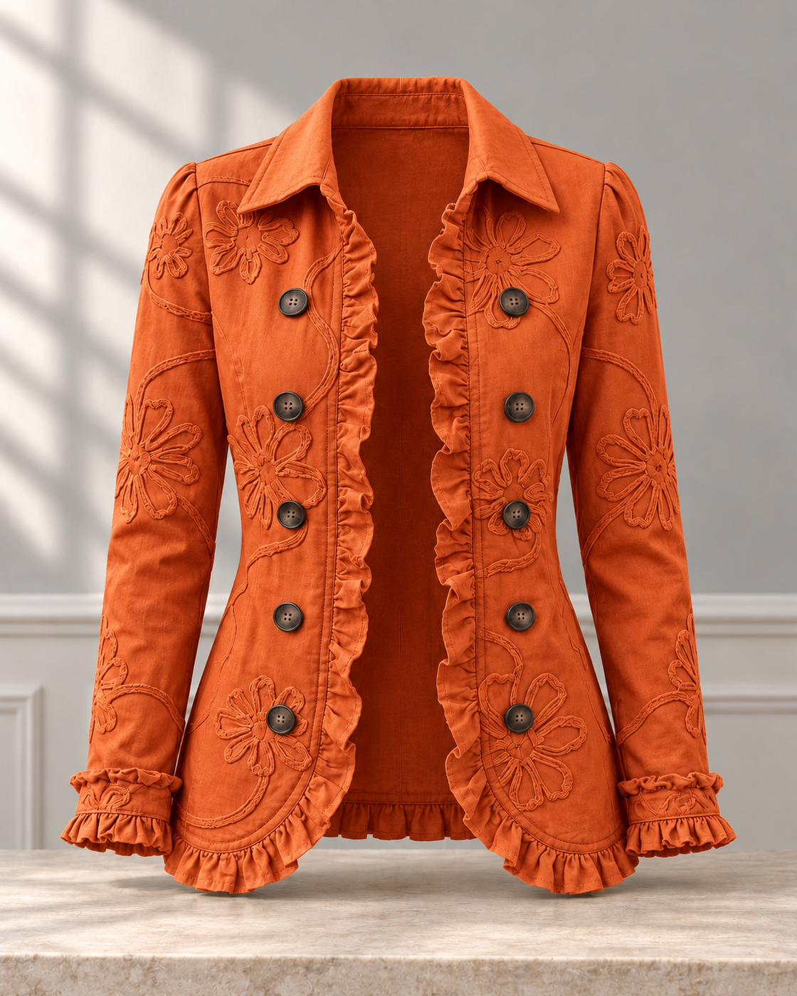 Double-breasted Ruffled Slim-fit Digital Printed Jacket — Orange Red