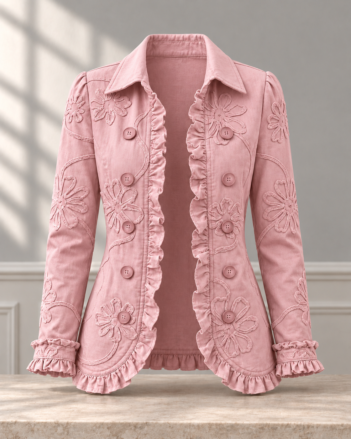 Double-breasted Ruffled Slim-fit Digital Printed Jacket — Pink