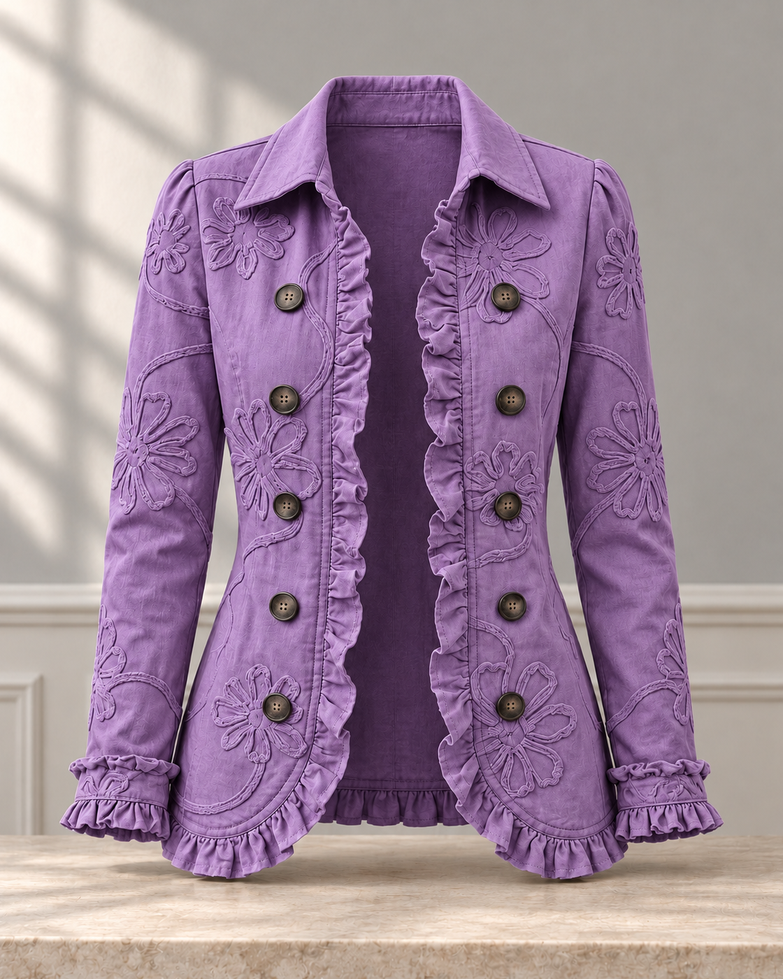 Double-breasted Ruffled Slim-fit Digital Printed Jacket — Purple
