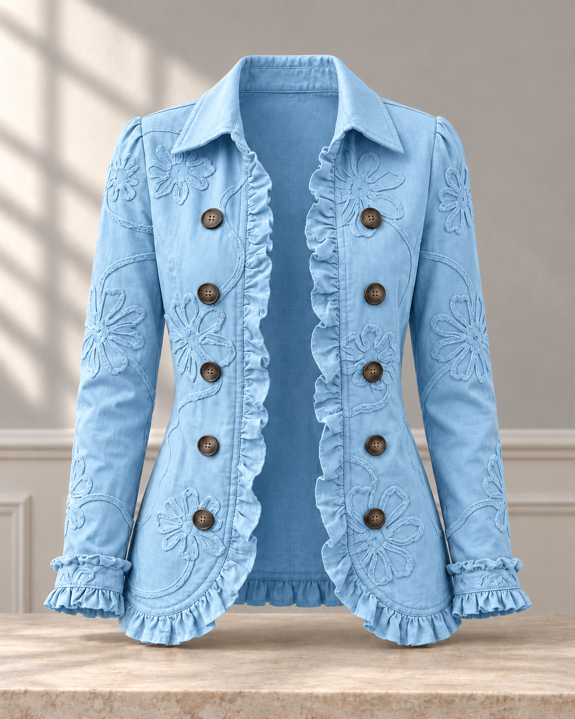 Double-breasted Ruffled Slim-fit Digital Printed Jacket — Sky Blue