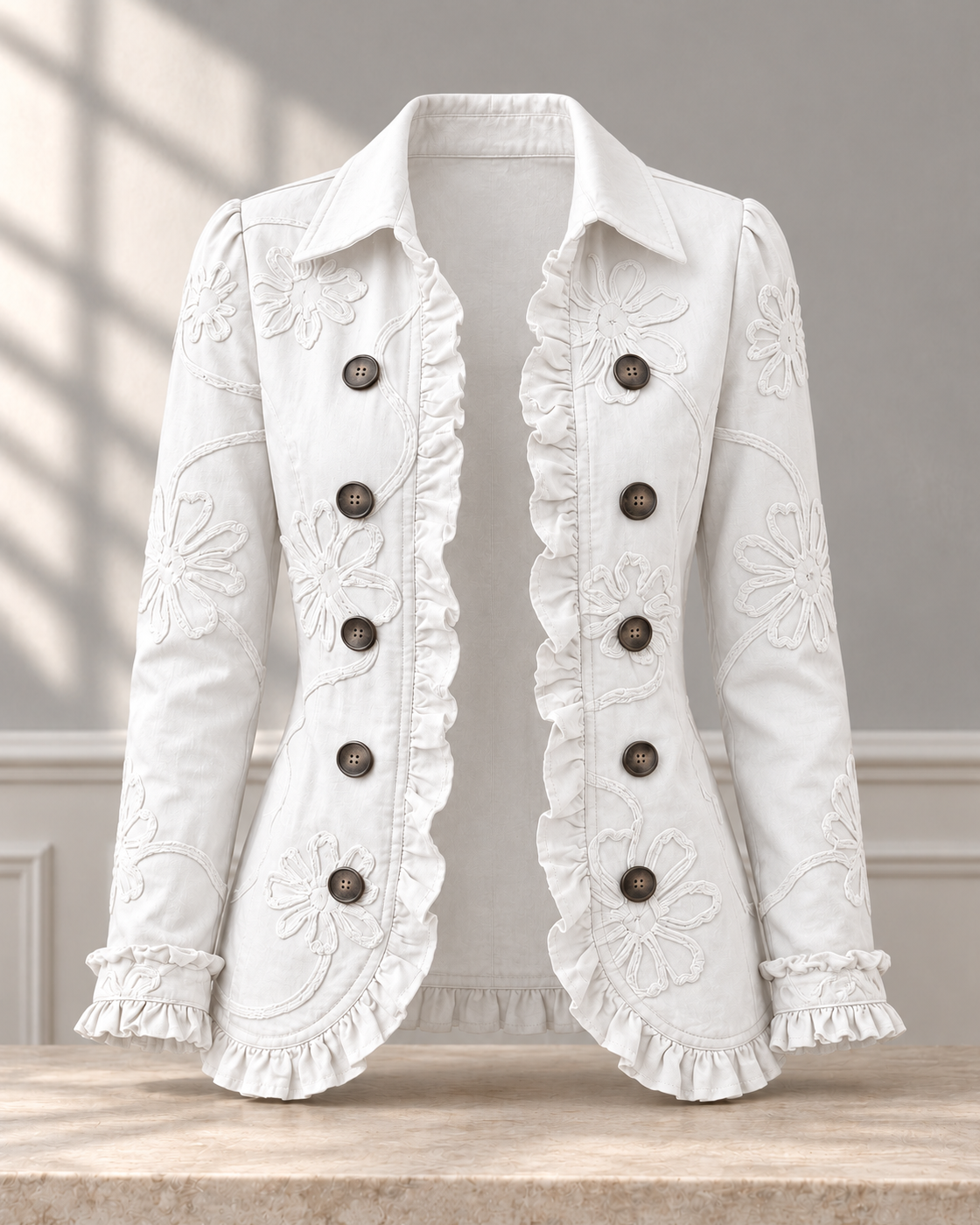 Double-breasted Ruffled Slim-fit Digital Printed Jacket — White