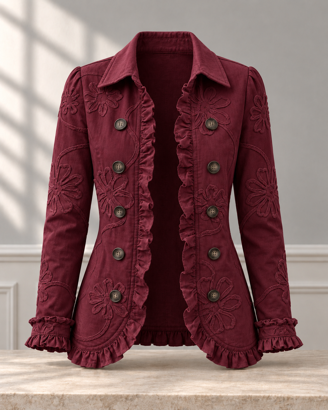 Double-breasted Ruffled Slim-fit Digital Printed Jacket — Wine Red