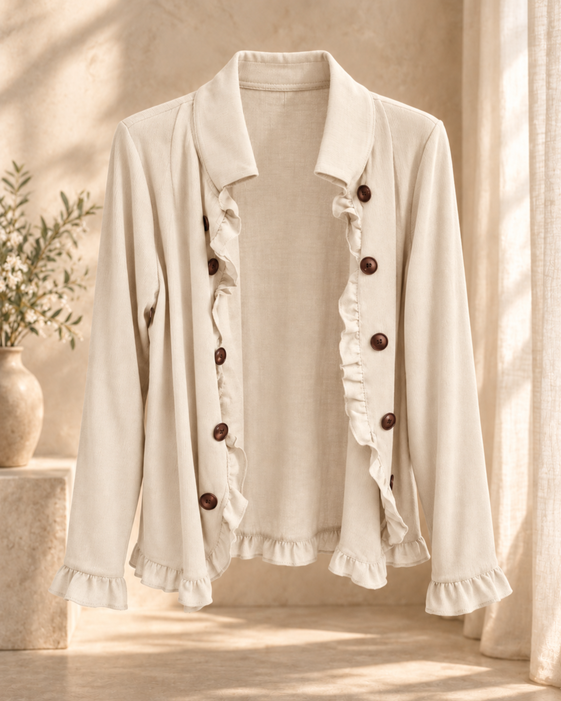 Elegant Womens Solid-Color Long-Sleeve Ruffled Knit Cardigan Sweater Coats With Buttons Spring Fall Front Opent Jackets Tops — Apricot