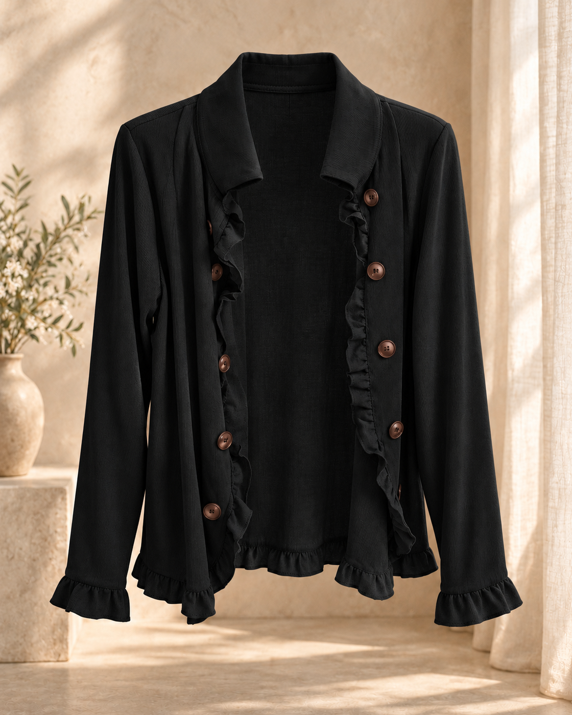 Elegant Womens Solid-Color Long-Sleeve Ruffled Knit Cardigan Sweater Coats With Buttons Spring Fall Front Opent Jackets Tops — Black