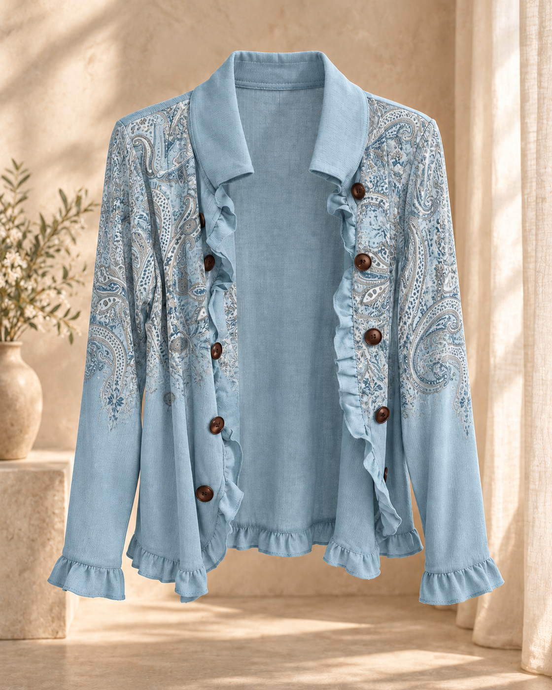Elegant Womens Solid-Color Long-Sleeve Ruffled Knit Cardigan Sweater Coats With Buttons Spring Fall Front Opent Jackets Tops — Blue