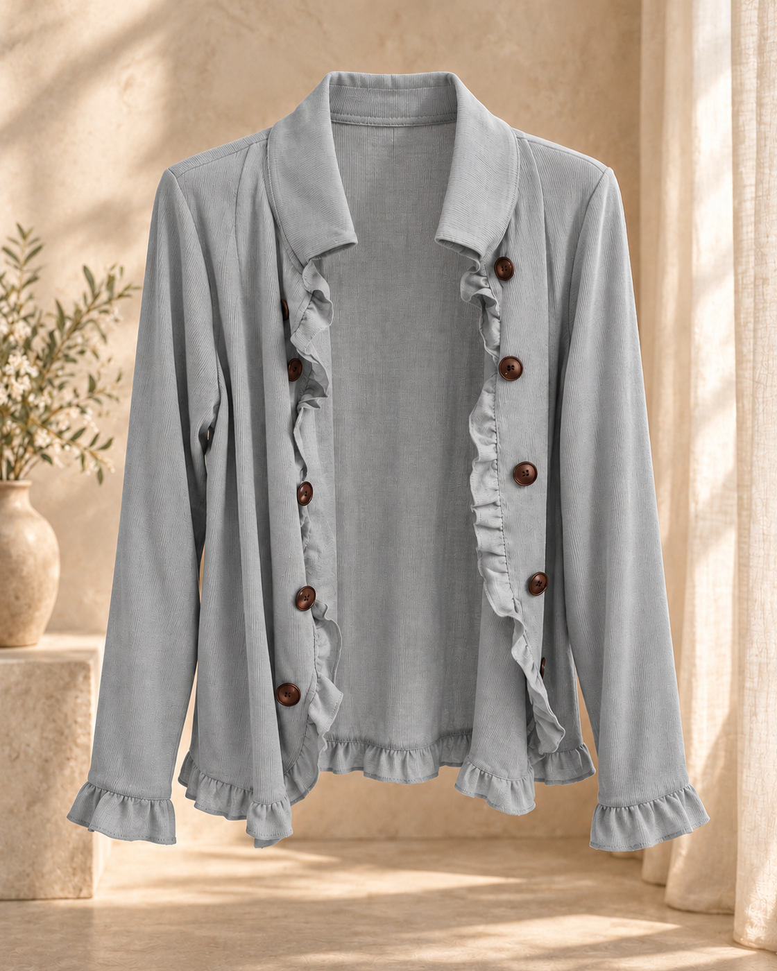 Elegant Womens Solid-Color Long-Sleeve Ruffled Knit Cardigan Sweater Coats With Buttons Spring Fall Front Opent Jackets Tops — Gray