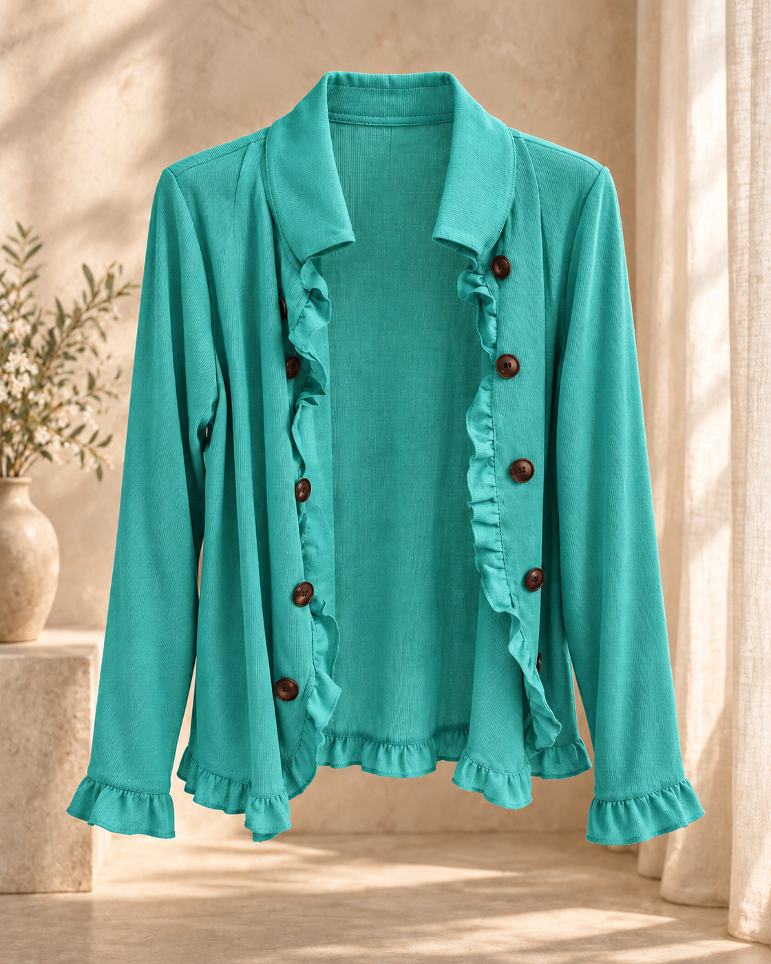 Elegant Womens Solid-Color Long-Sleeve Ruffled Knit Cardigan Sweater Coats With Buttons Spring Fall Front Opent Jackets Tops — Green