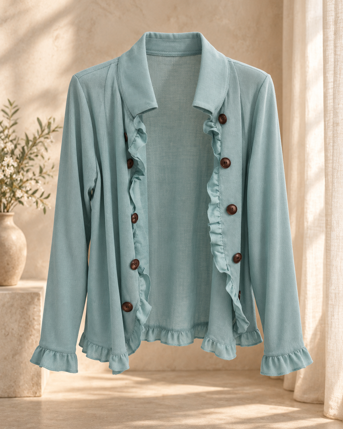 Elegant Womens Solid-Color Long-Sleeve Ruffled Knit Cardigan Sweater Coats With Buttons Spring Fall Front Opent Jackets Tops — Light Blue