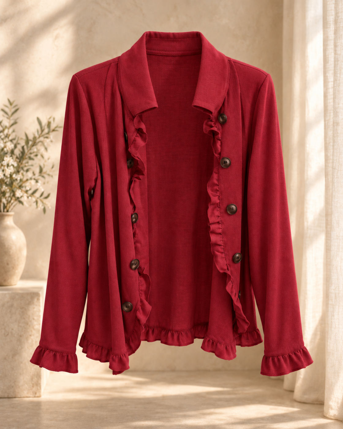 Elegant Womens Solid-Color Long-Sleeve Ruffled Knit Cardigan Sweater Coats With Buttons Spring Fall Front Opent Jackets Tops — Red