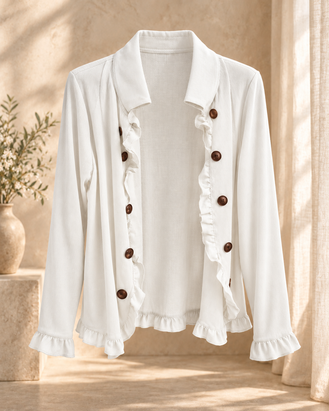 Elegant Womens Solid-Color Long-Sleeve Ruffled Knit Cardigan Sweater Coats With Buttons Spring Fall Front Opent Jackets Tops — White