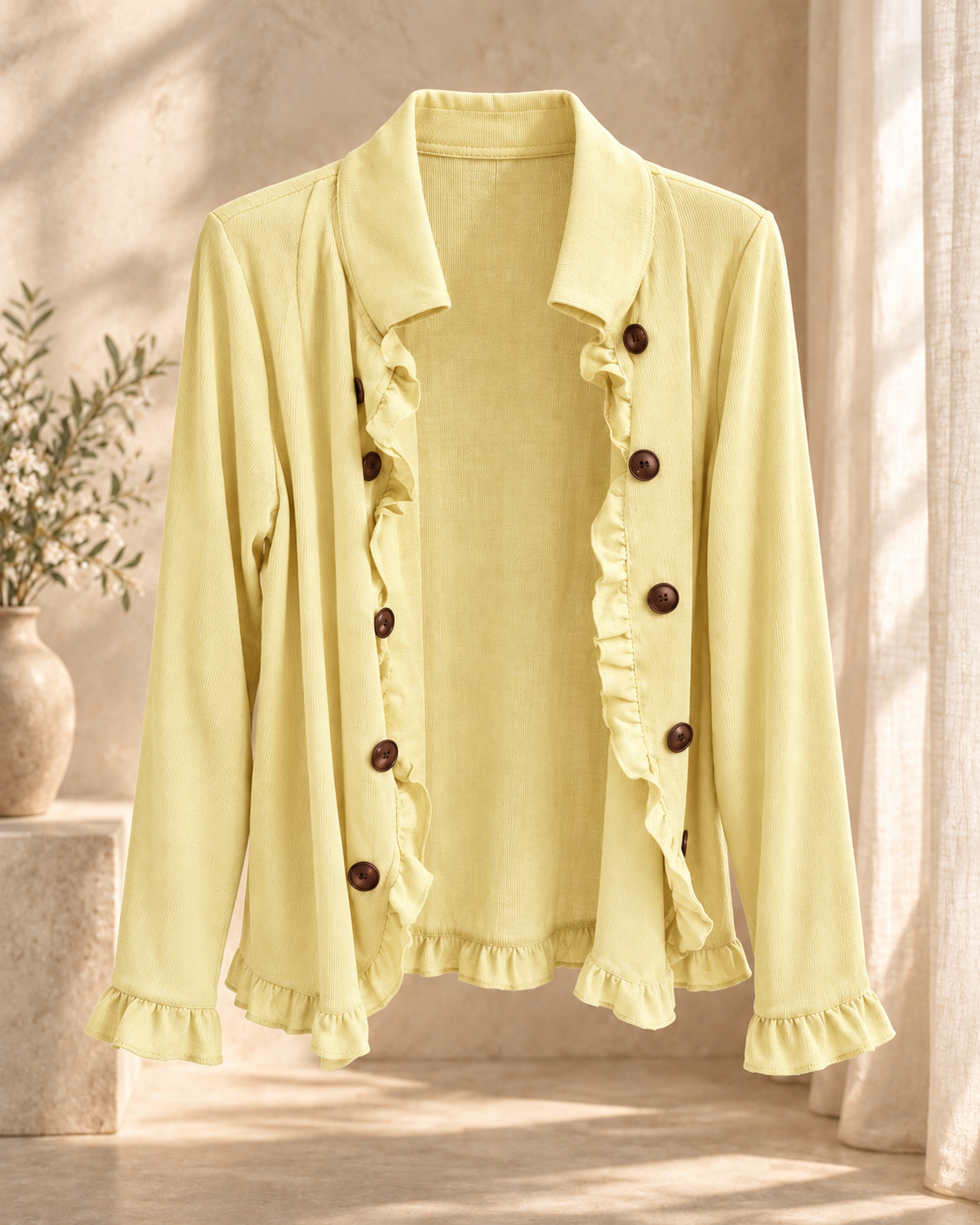 Elegant Womens Solid-Color Long-Sleeve Ruffled Knit Cardigan Sweater Coats With Buttons Spring Fall Front Opent Jackets Tops — Yellow