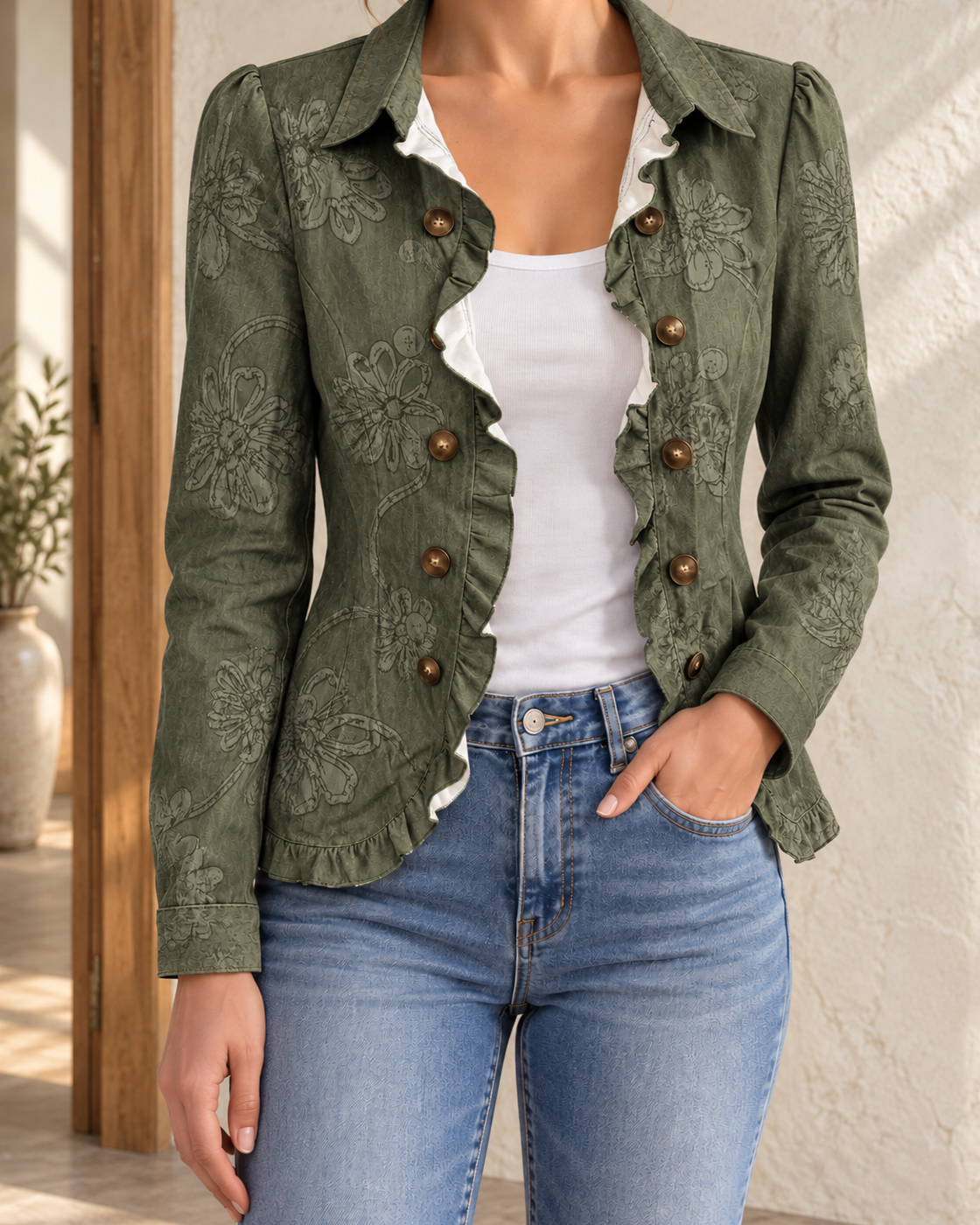 Notch-lapel Double-breasted Jacket With A Ruffled Hem — Green