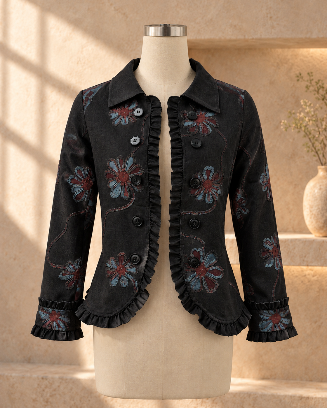 Women's Fashionable Long-sleeve Ruffled-button-up Jacket — Black
