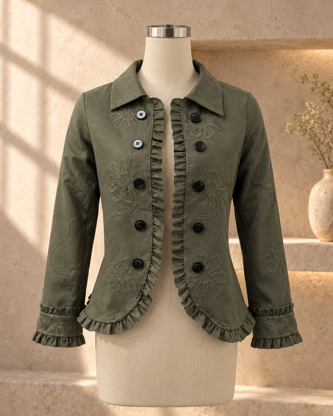 Women's Fashionable Long-sleeve Ruffled-button-up Jacket — Bohemian Green