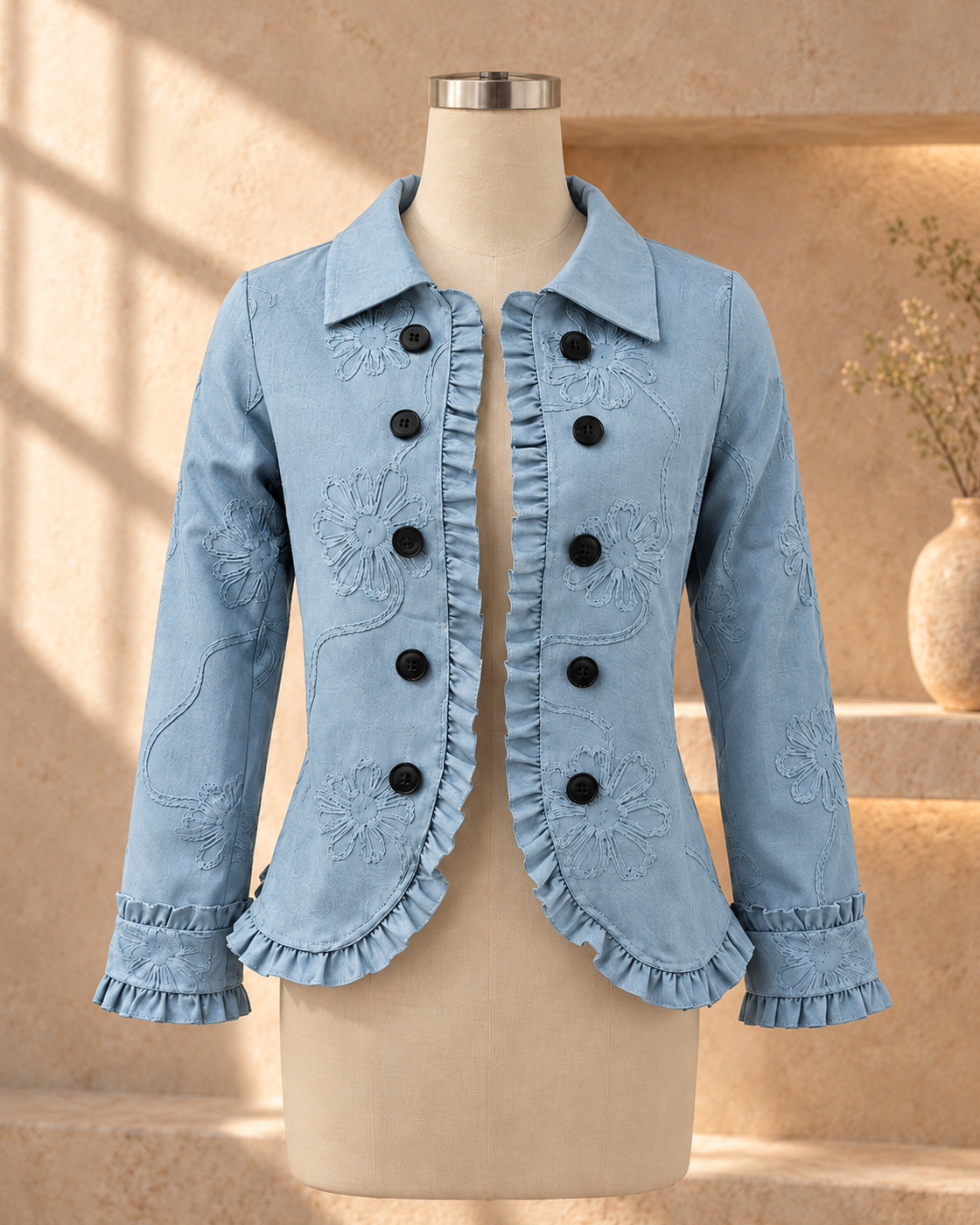 Women's Fashionable Long-sleeve Ruffled-button-up Jacket — Light Blue