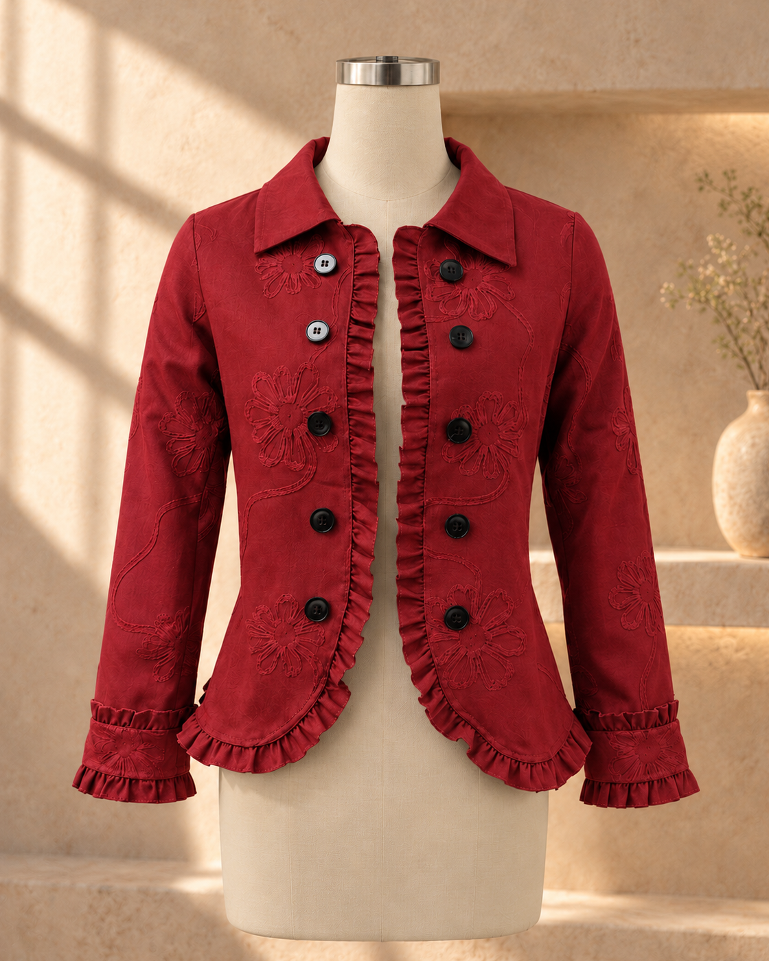 Women's Fashionable Long-sleeve Ruffled-button-up Jacket — Red