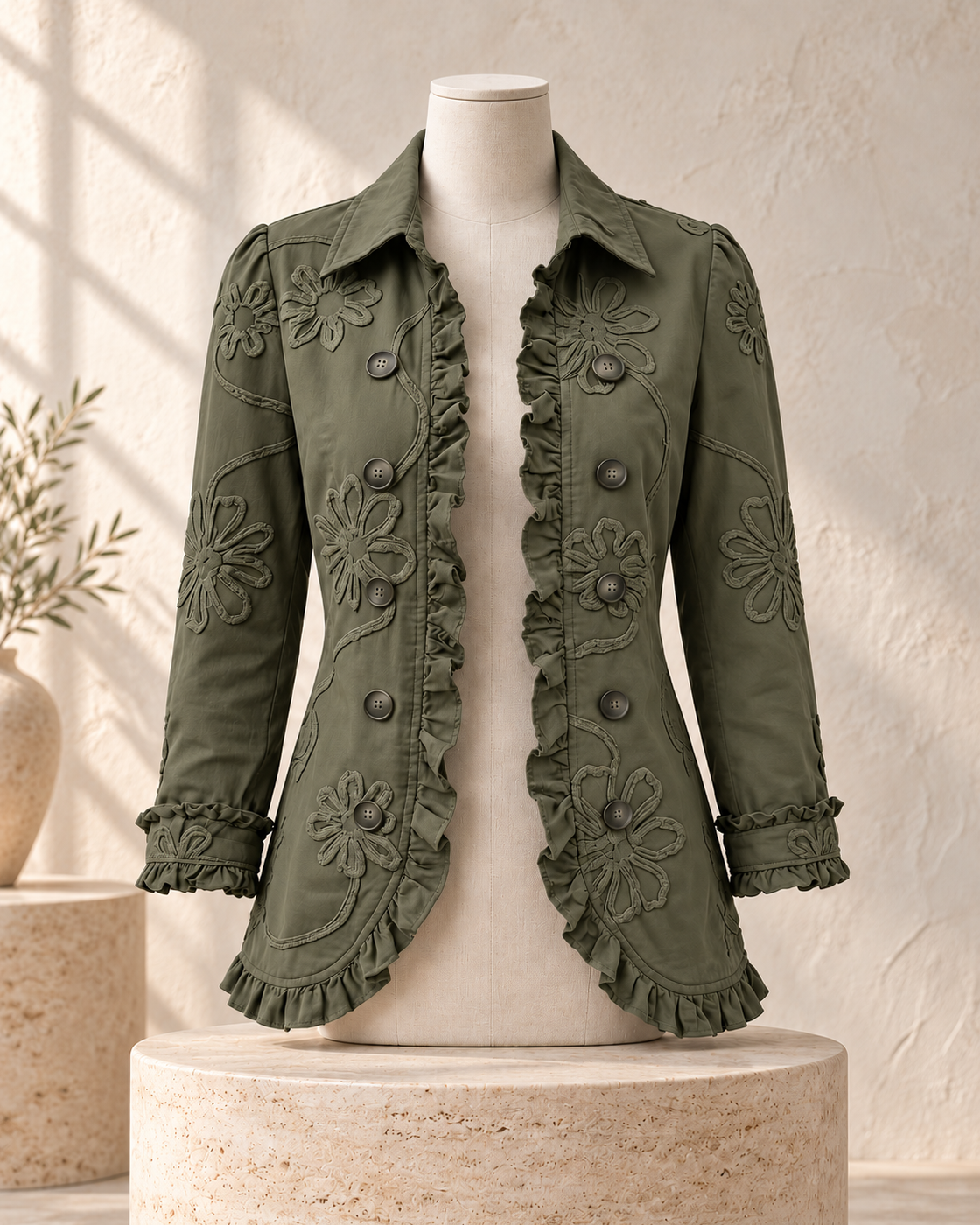 Ruffled Jacket Solid Color Pleated Lapel Blazer Women's Fashion Casual Printed Suit Jacket Office Wear Clothing — Army green embroidery