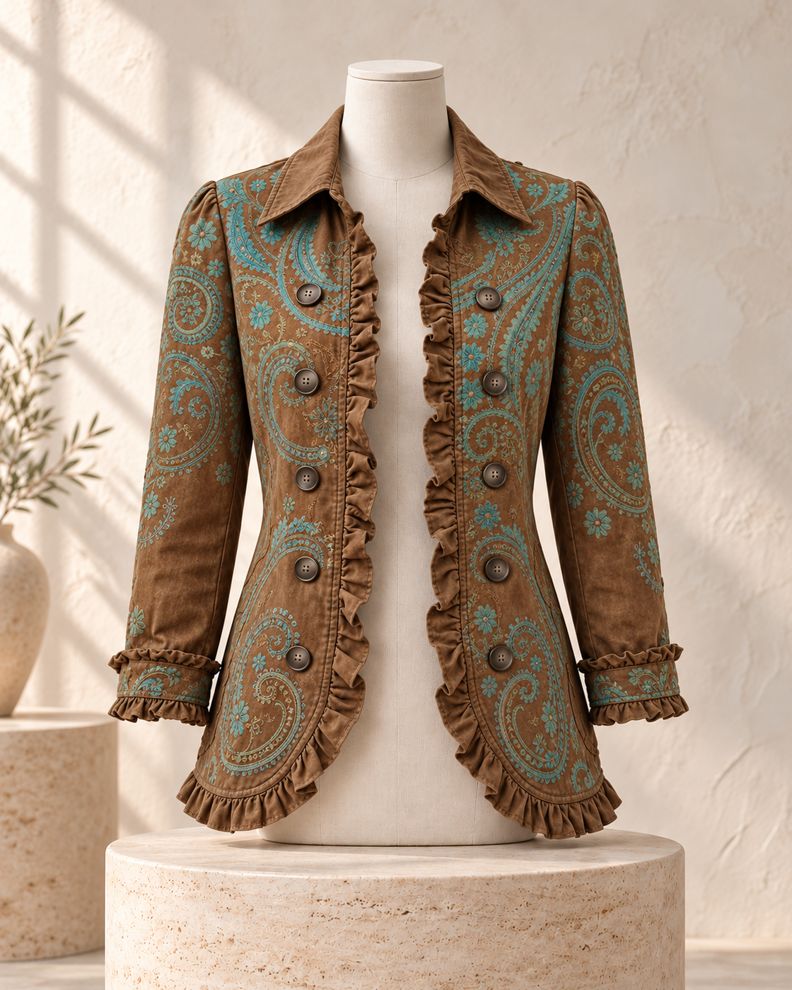 Ruffled Jacket Solid Color Pleated Lapel Blazer Women's Fashion Casual Printed Suit Jacket Office Wear Clothing — Bohemian Brown