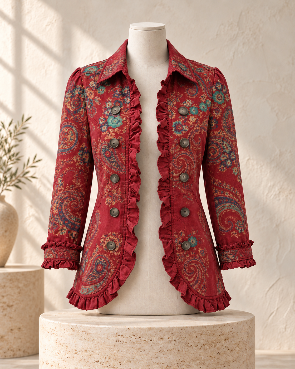 Ruffled Jacket Solid Color Pleated Lapel Blazer Women's Fashion Casual Printed Suit Jacket Office Wear Clothing — Bohemian red