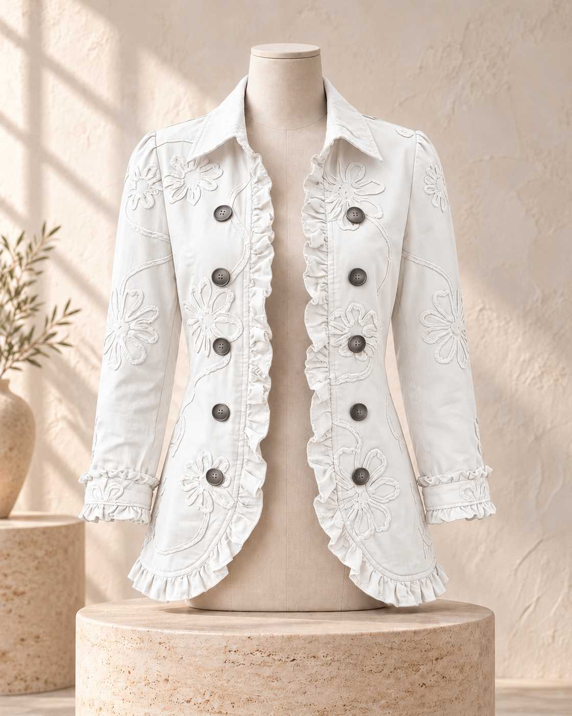 Ruffled Jacket Solid Color Pleated Lapel Blazer Women's Fashion Casual Printed Suit Jacket Office Wear Clothing — Jacquard white embroidery