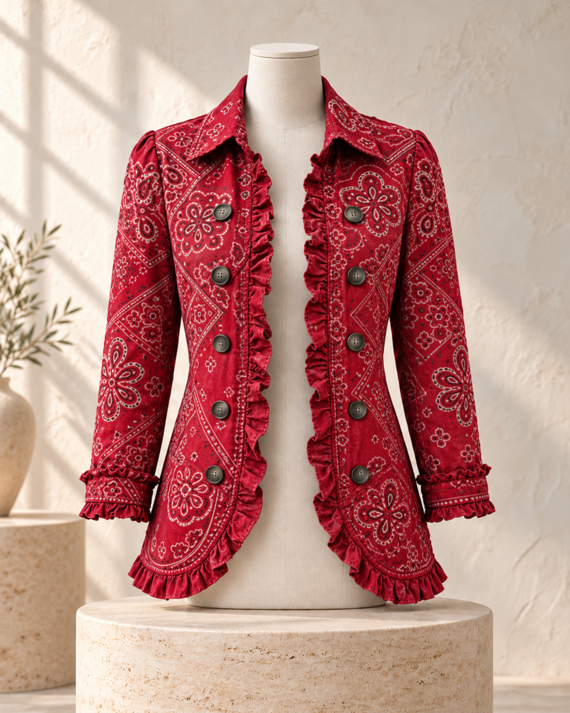 Ruffled Jacket Solid Color Pleated Lapel Blazer Women's Fashion Casual Printed Suit Jacket Office Wear Clothing — Square red