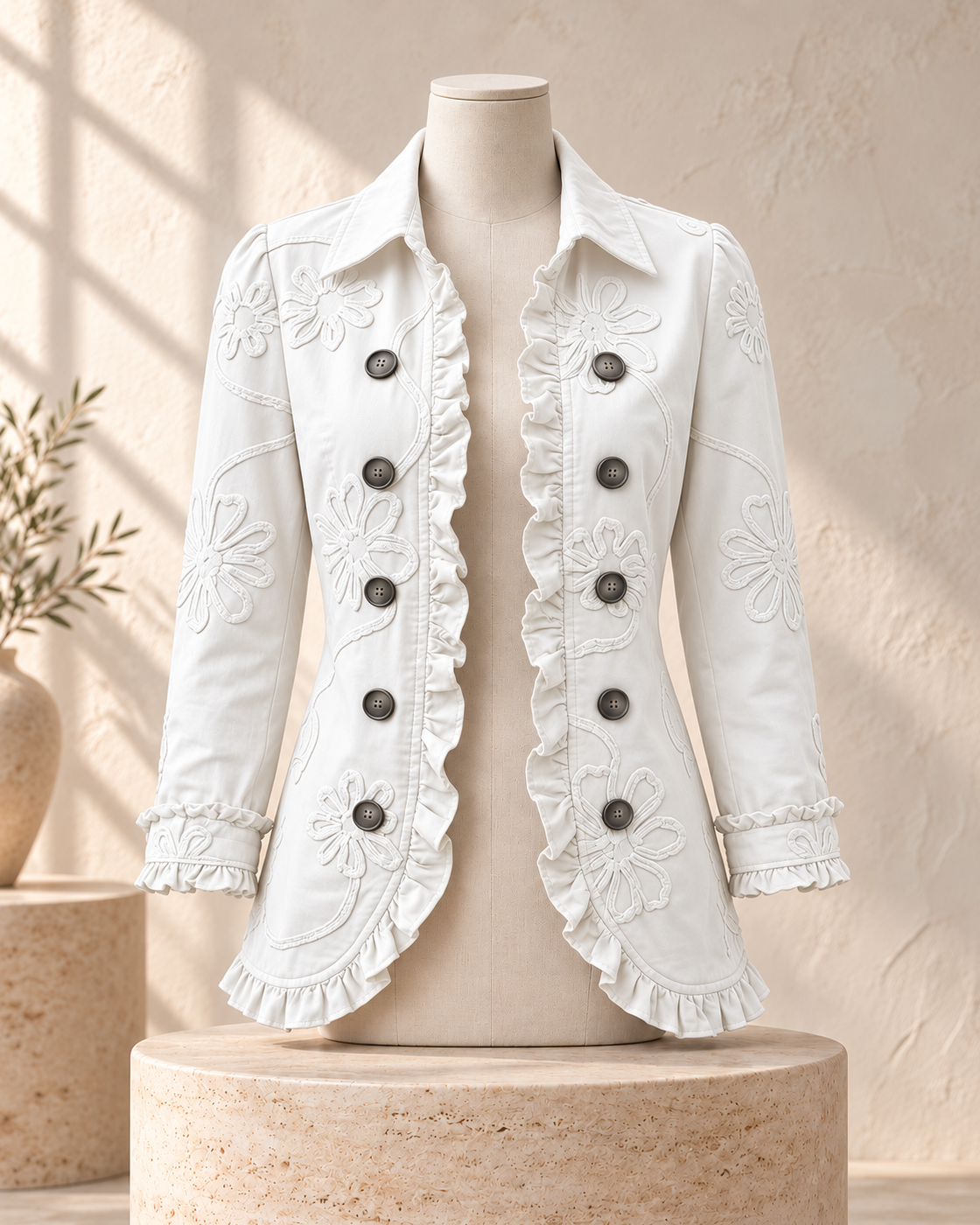 Ruffled Jacket Solid Color Pleated Lapel Blazer Women's Fashion Casual Printed Suit Jacket Office Wear Clothing — White With Printed Pattern