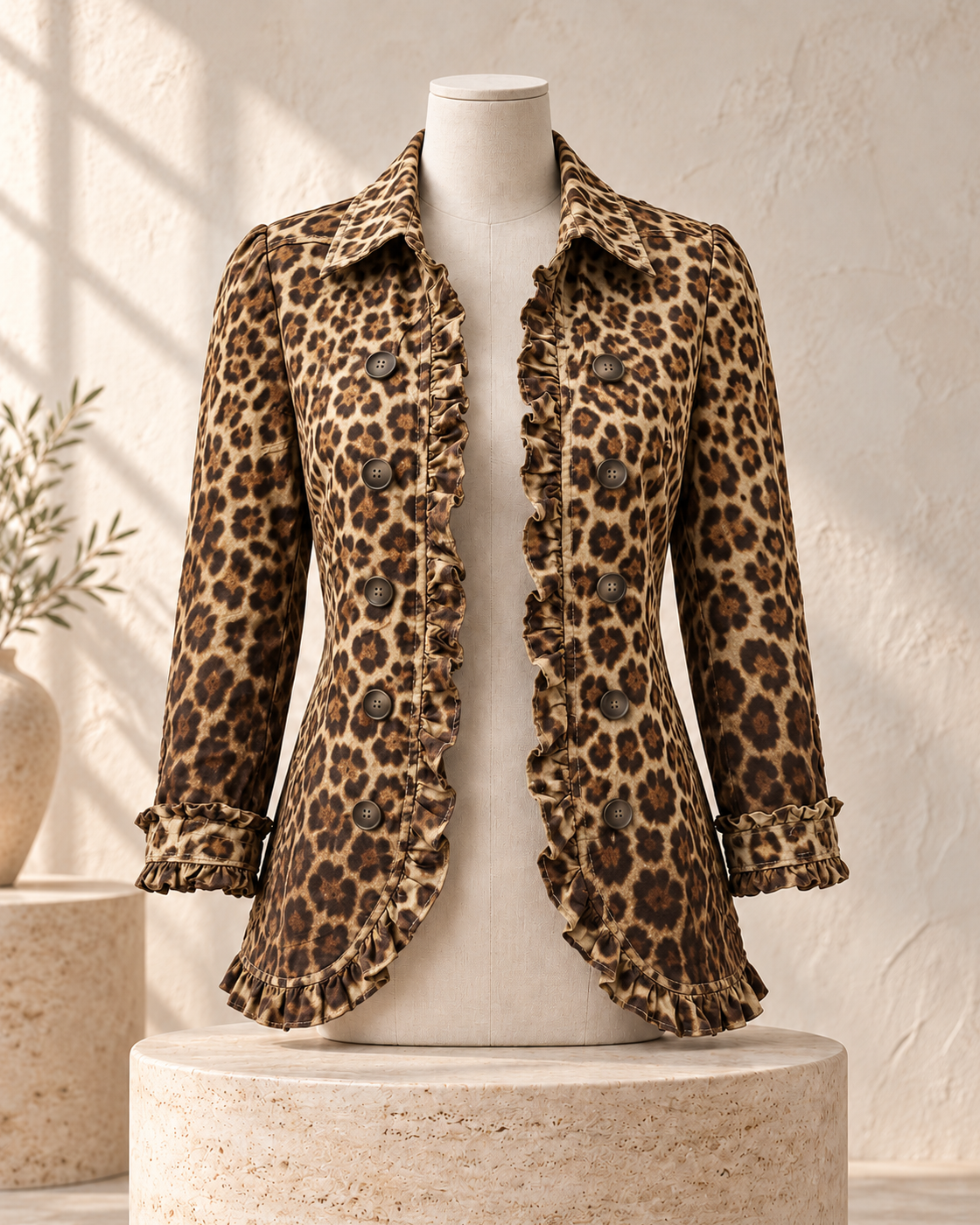 Ruffled Jacket Solid Color Pleated Lapel Blazer Women's Fashion Casual Printed Suit Jacket Office Wear Clothing — Yellow leopard print