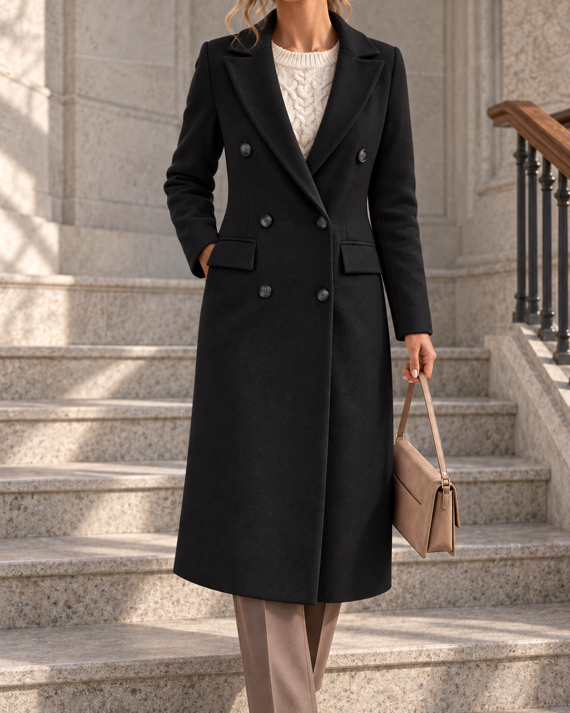 Autumn Winter Solid Long Woolen Coat Fashion Women Jacket — Black
