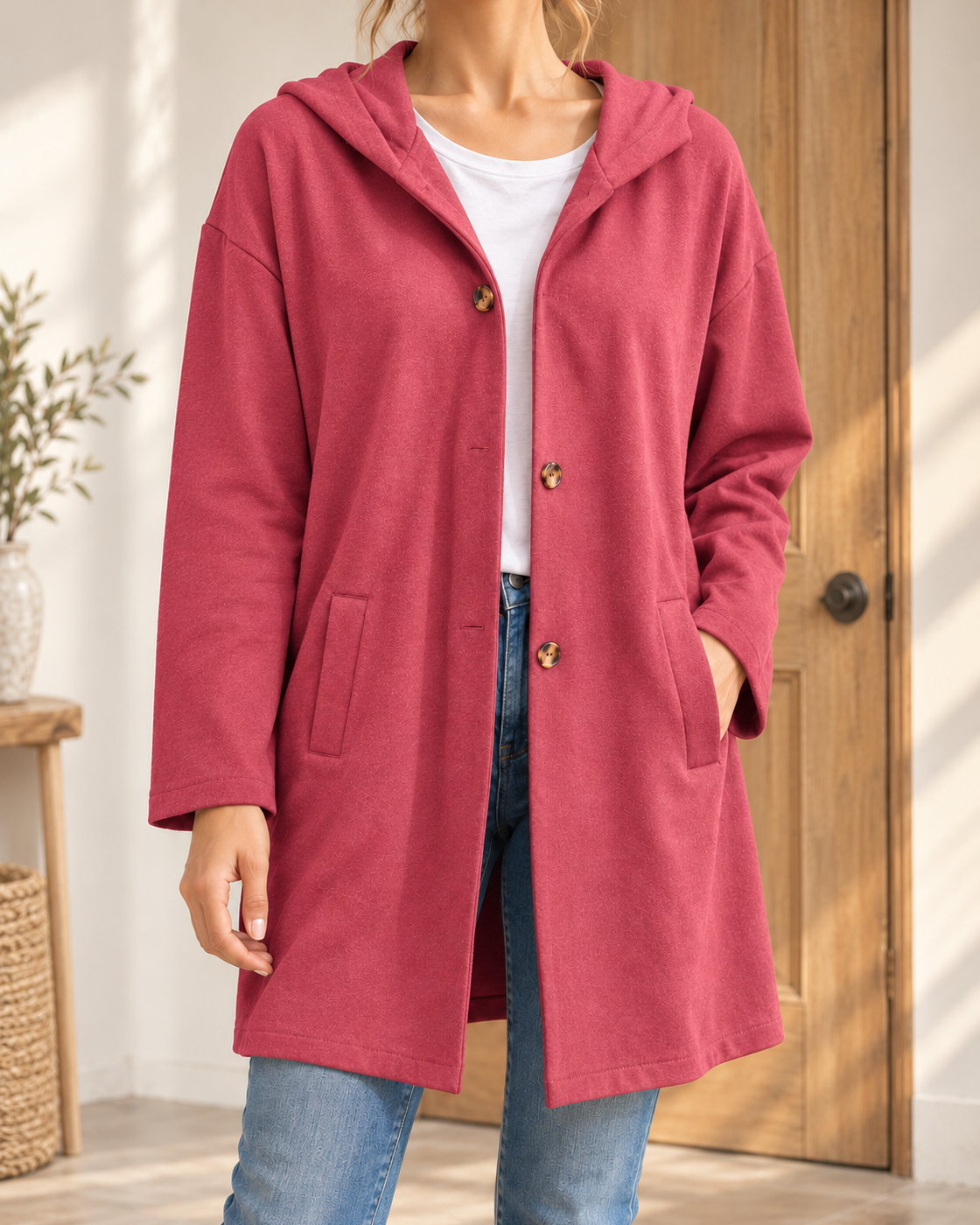 Women's European And American Casual Ladies Turn-down Collar Coat — Rose Red