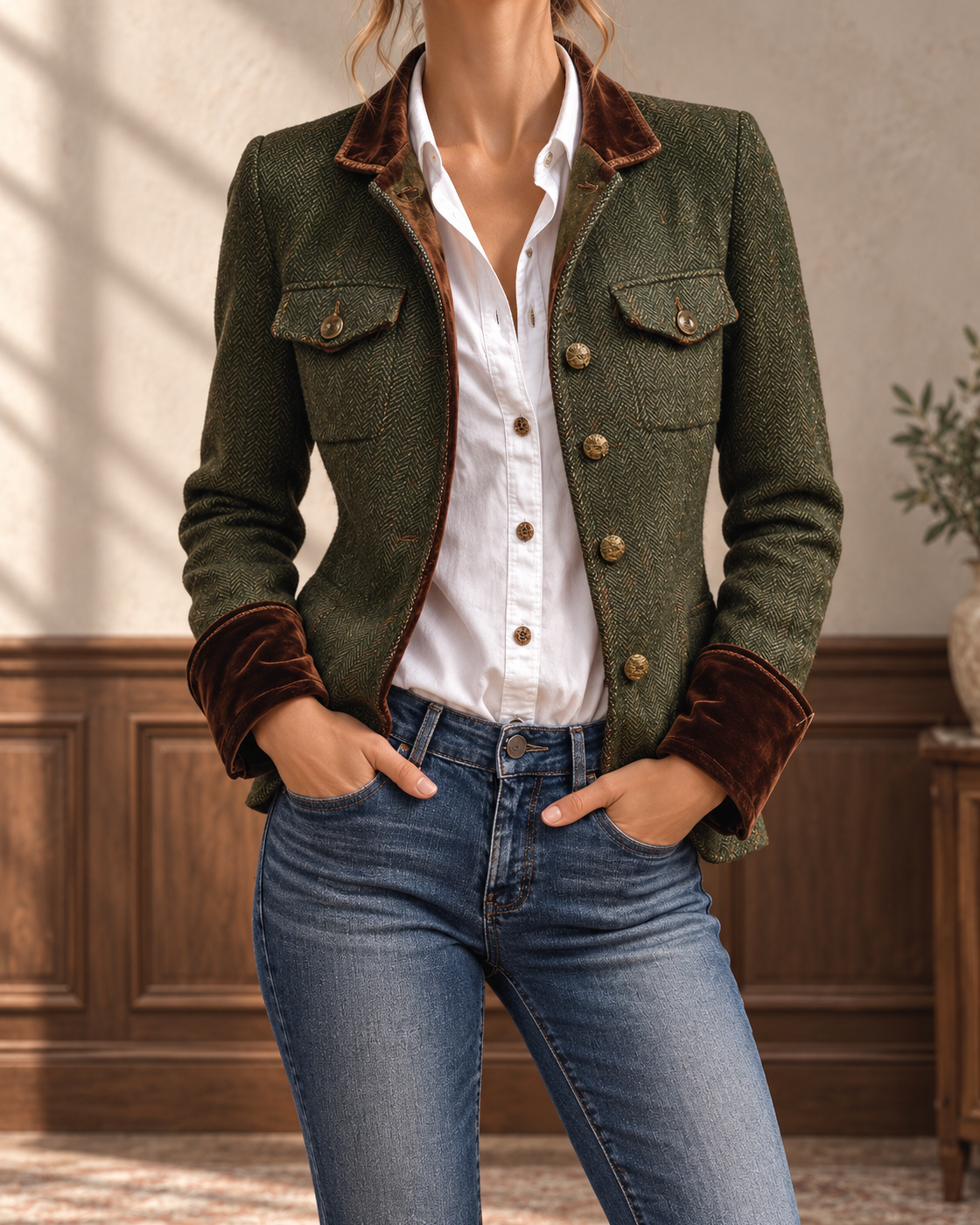 Vintage Herringbone Pattern Tweed Blazer With Velvet Trim — Army Green