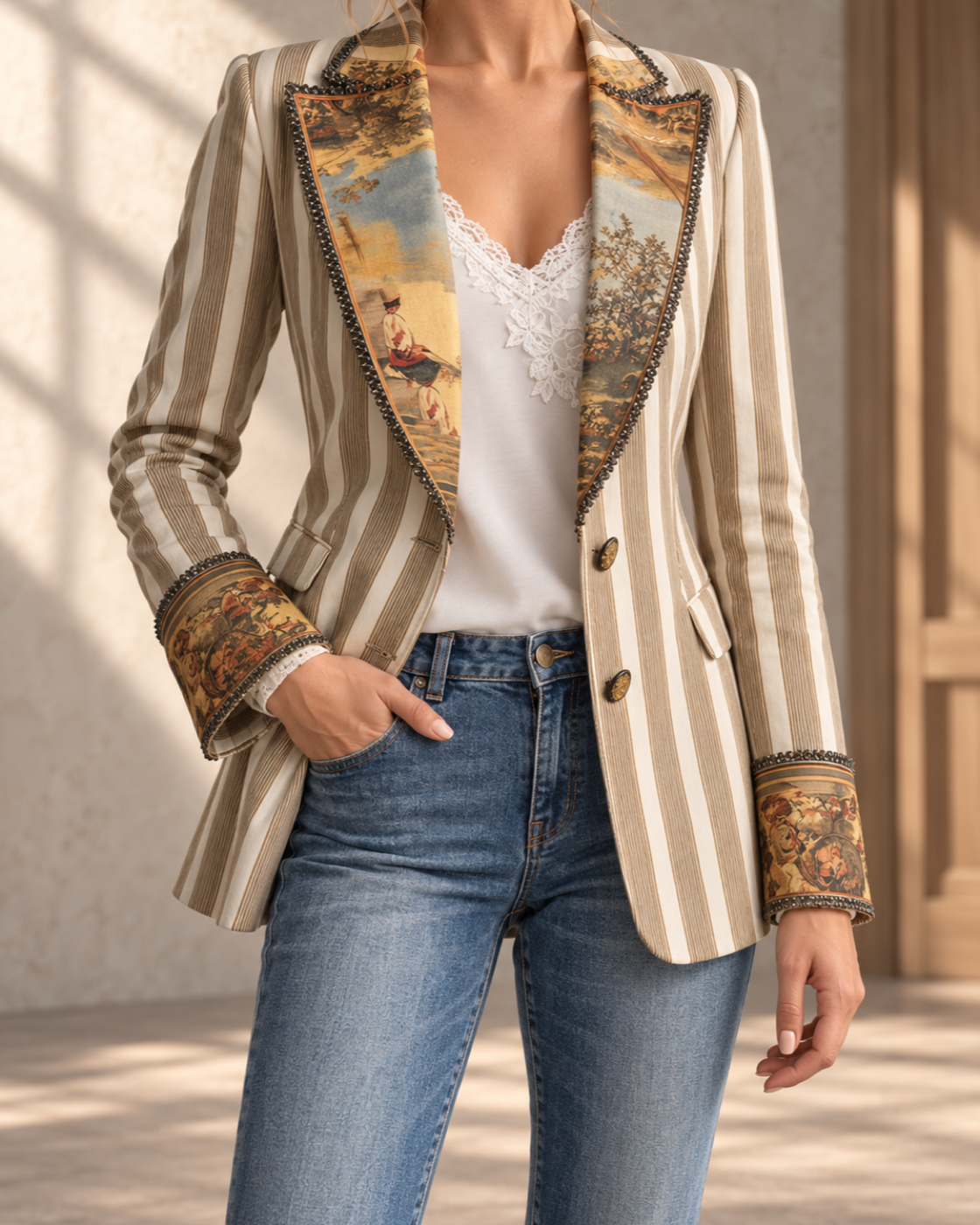New Women's Fashionable And Loose Printed Jacket — White And Brown Stripes