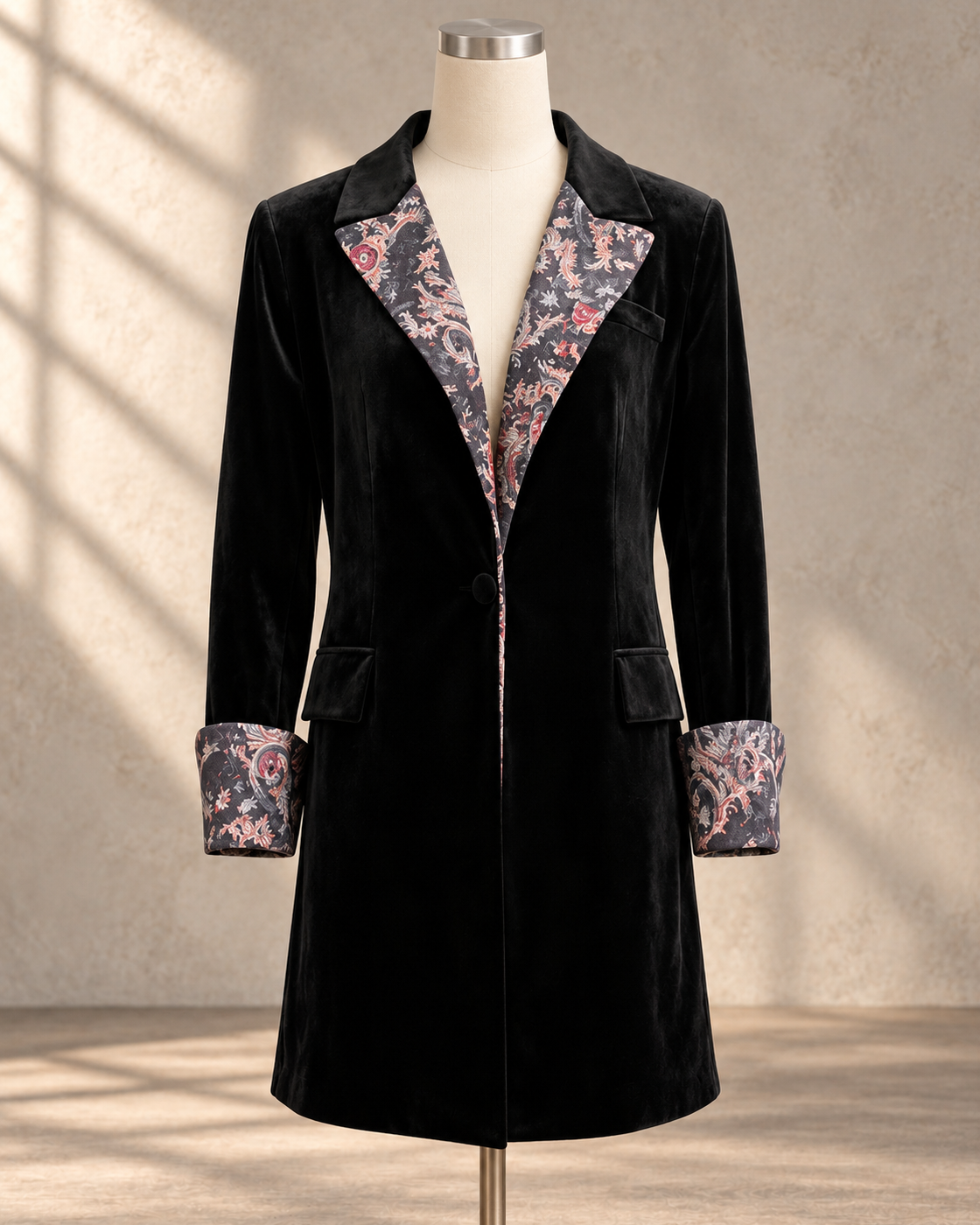 Velvet-Panel Mid-Length Blazer For Women — Picture Color