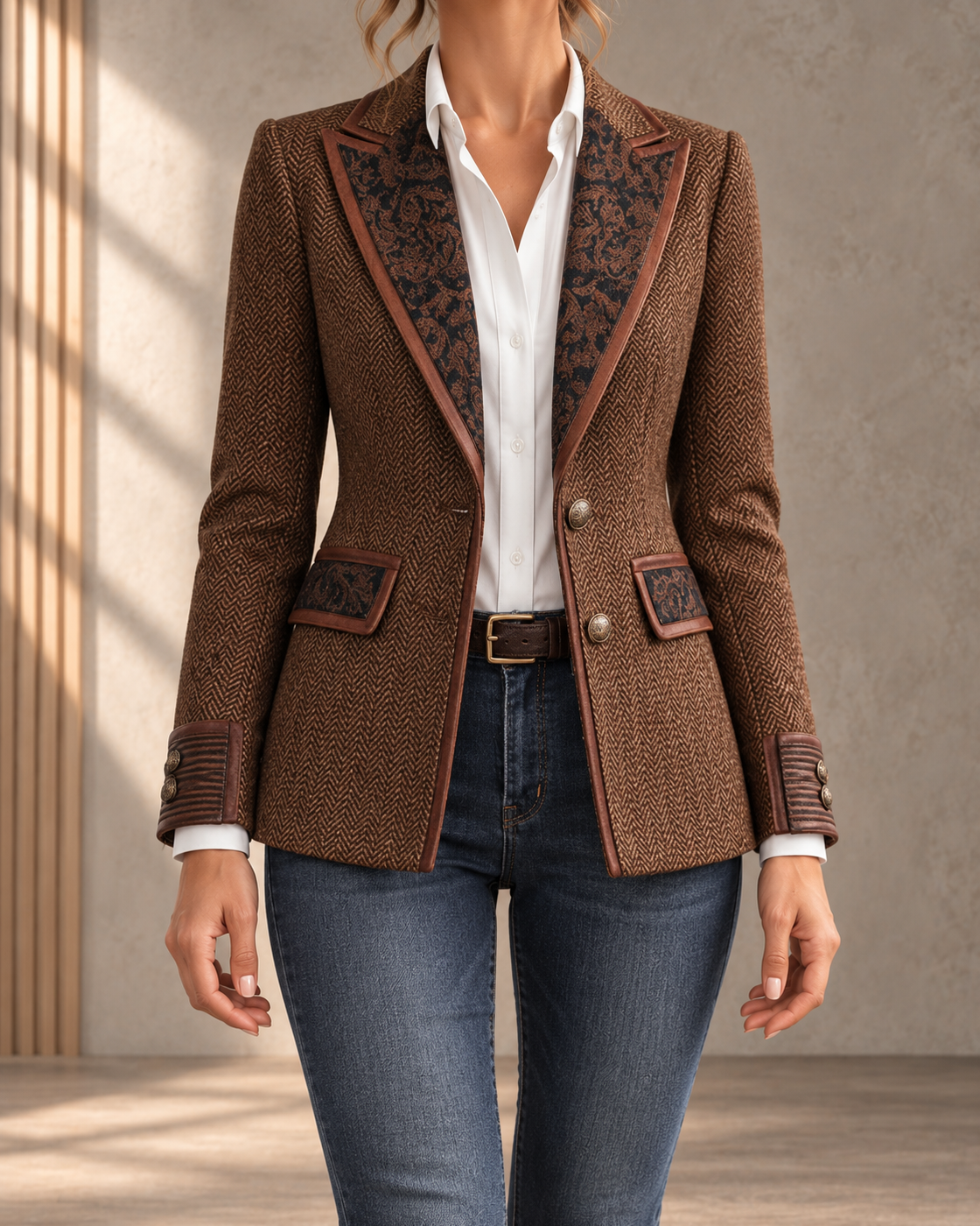 French Retro Color-Block Wool Coat With A Suit Collar — Brown