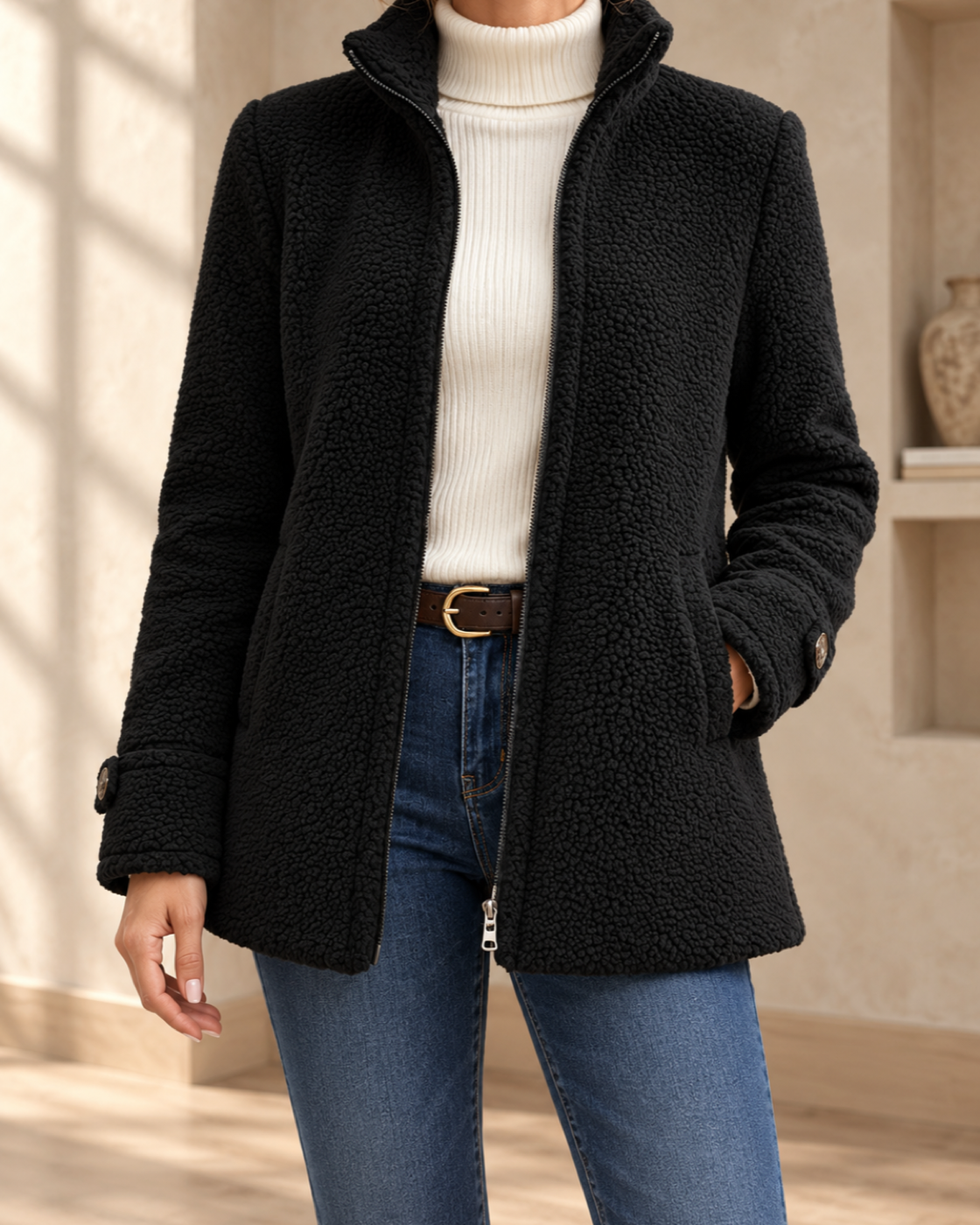 Fleece Zip-Up Jacket Women's Stand Collar Solid Color Loose Fit Casual Long Sleeve Outerwear Clothing — Black
