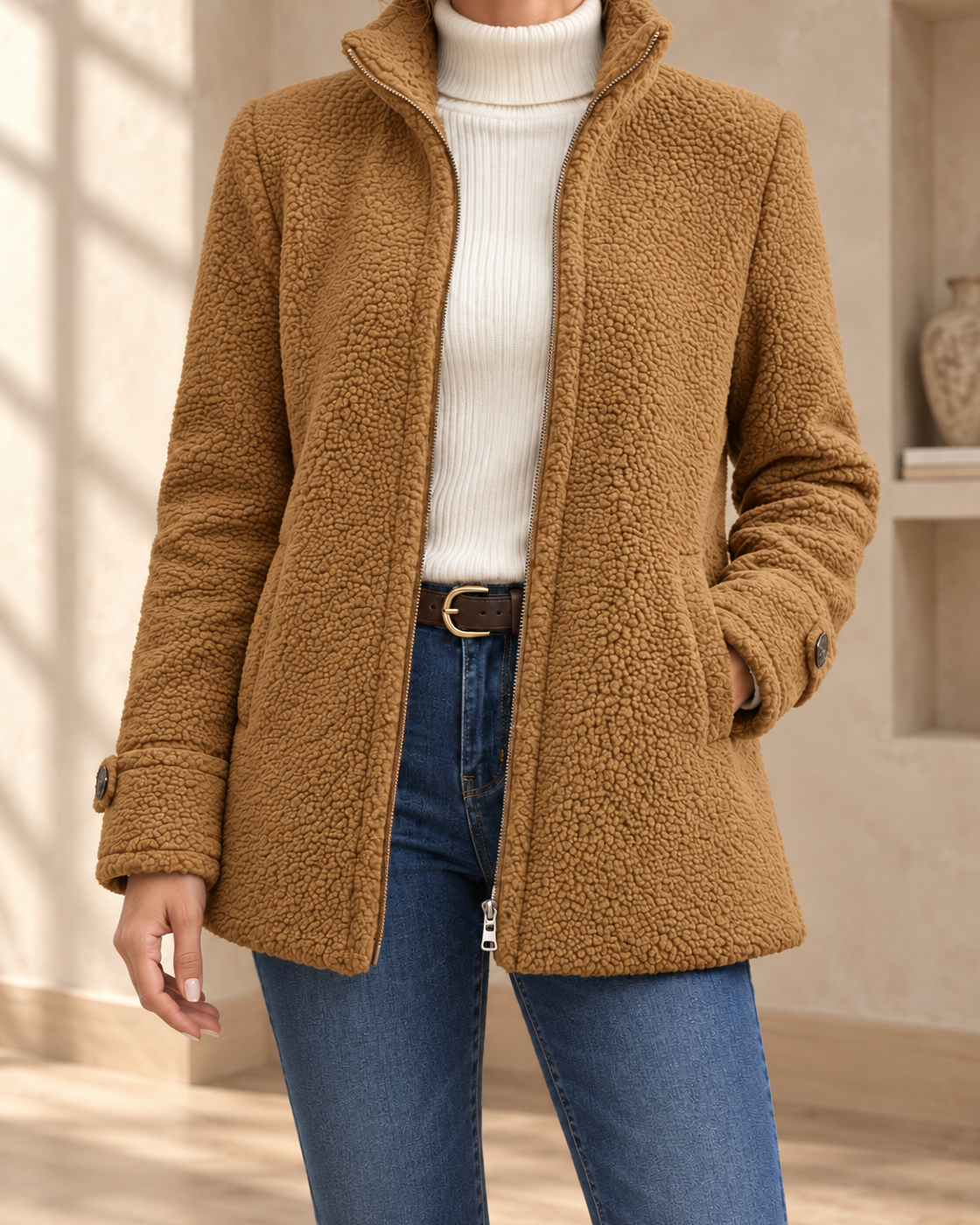 Fleece Zip-Up Jacket Women's Stand Collar Solid Color Loose Fit Casual Long Sleeve Outerwear Clothing — Brown