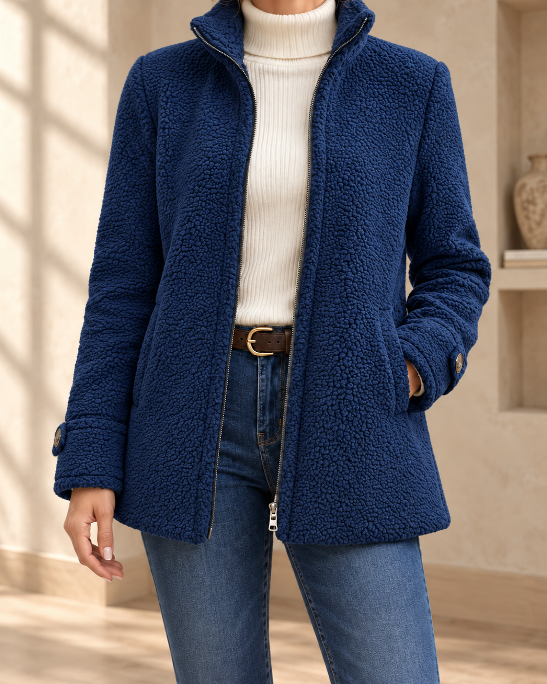 Fleece Zip-Up Jacket Women's Stand Collar Solid Color Loose Fit Casual Long Sleeve Outerwear Clothing — Dark Blue