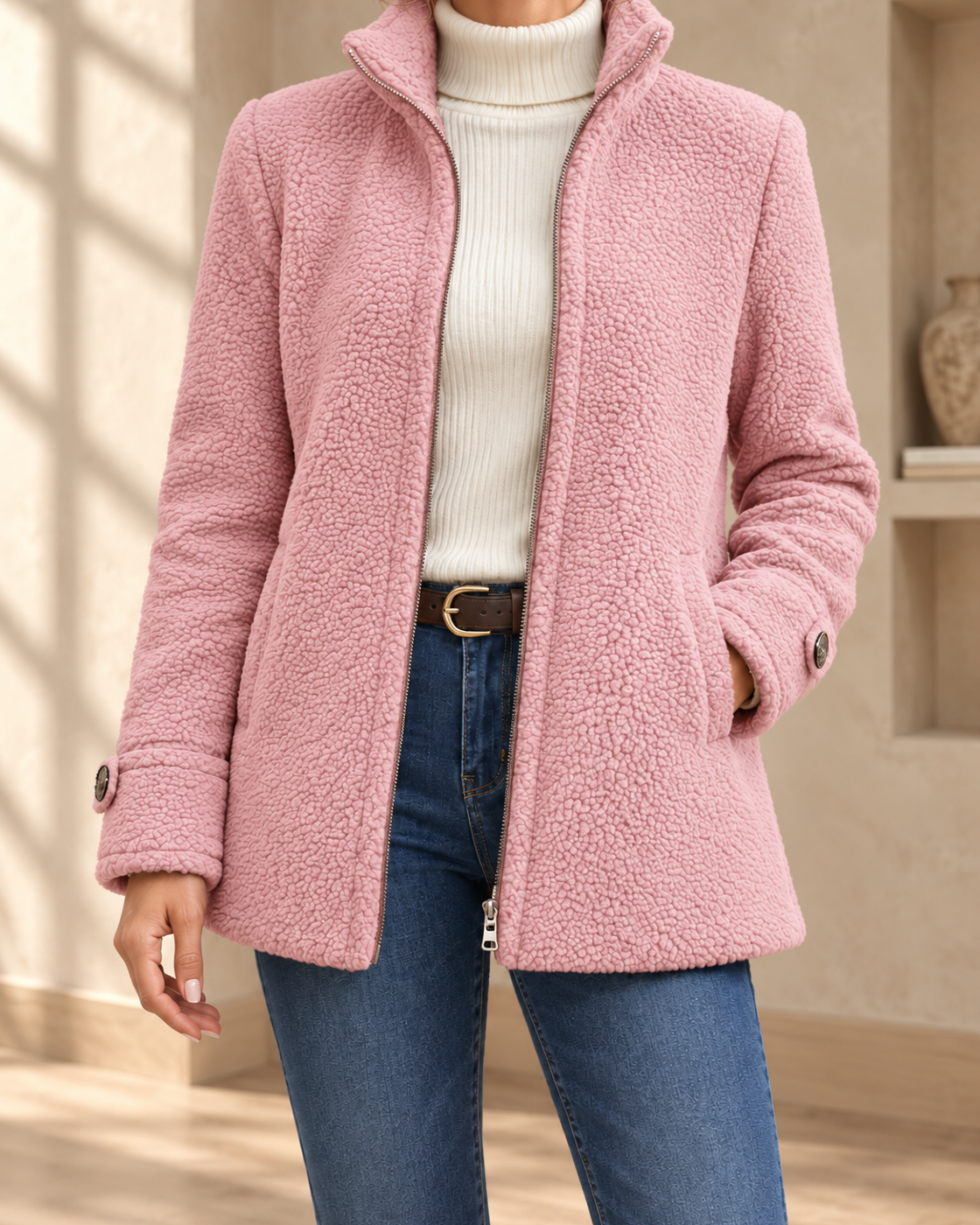 Fleece Zip-Up Jacket Women's Stand Collar Solid Color Loose Fit Casual Long Sleeve Outerwear Clothing — Pink