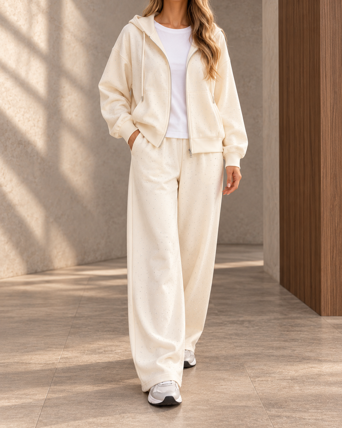 European And American Cross-Border Autumn And Winter Hot-Selling Women's Casual Round-Neck Long-Sleeve Full-Body Rhinestone Drawstring Jogger Two-Piece Set — Apricot hat