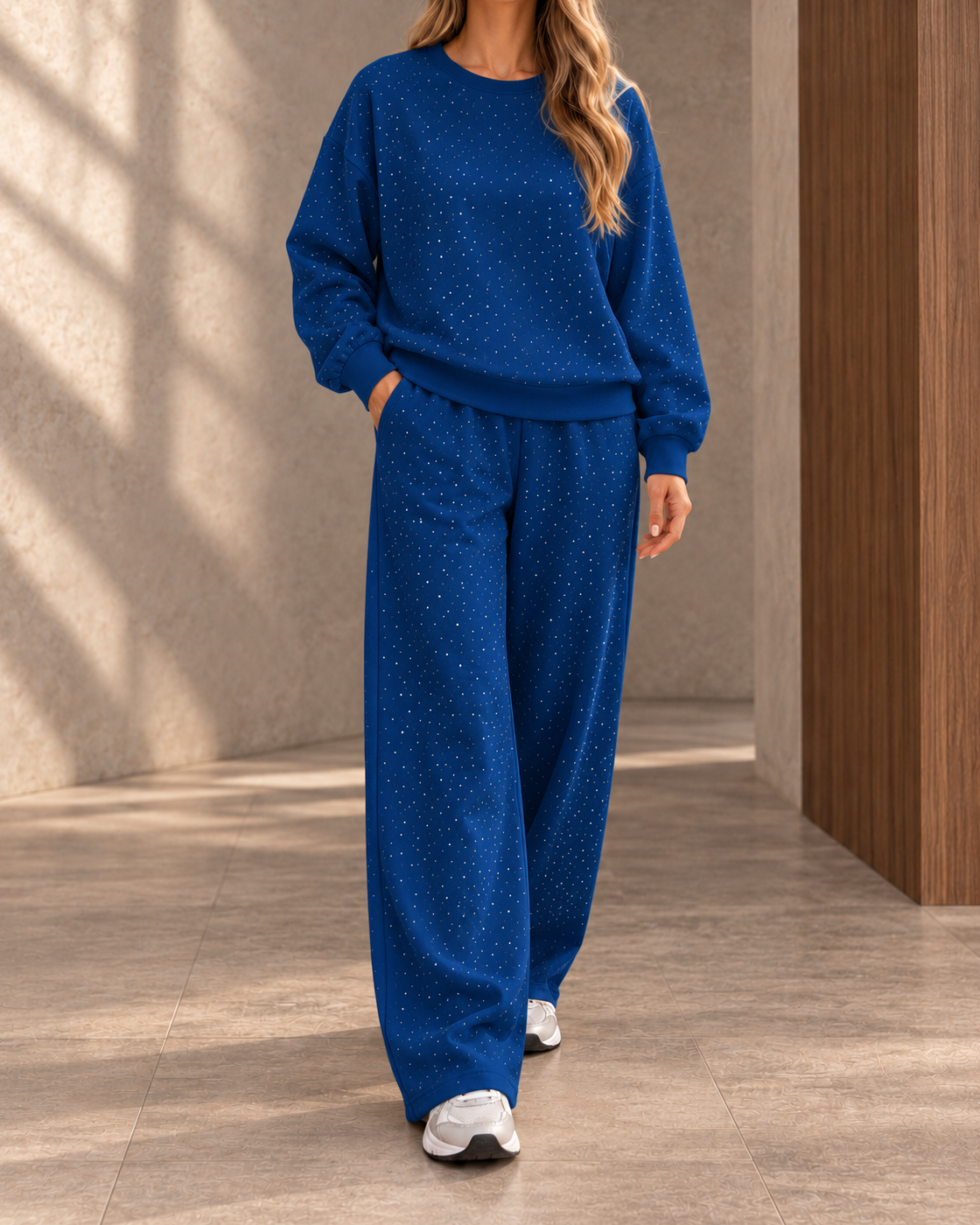 European And American Cross-Border Autumn And Winter Hot-Selling Women's Casual Round-Neck Long-Sleeve Full-Body Rhinestone Drawstring Jogger Two-Piece Set — Blue