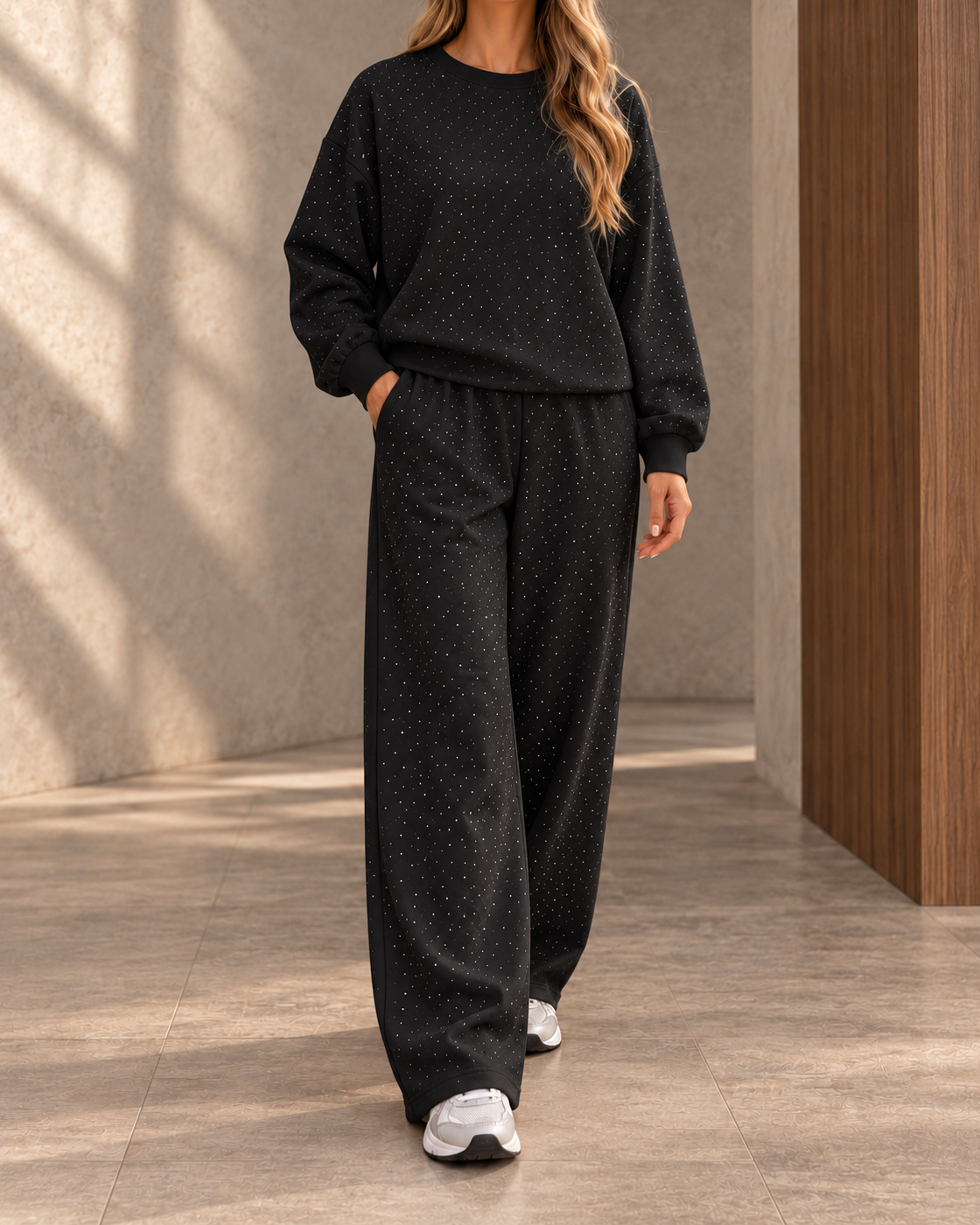 European And American Cross-Border Autumn And Winter Hot-Selling Women's Casual Round-Neck Long-Sleeve Full-Body Rhinestone Drawstring Jogger Two-Piece Set — black