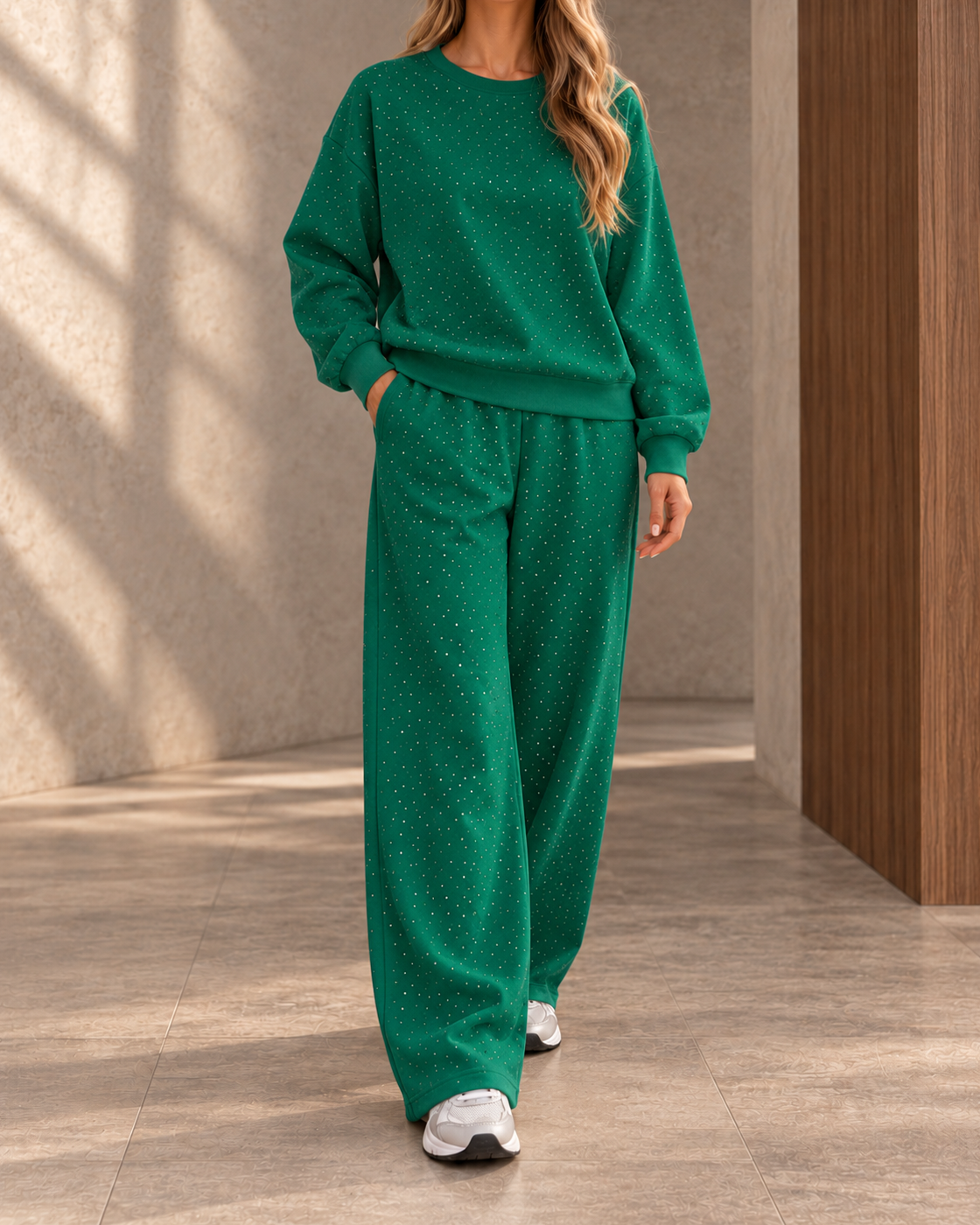 European And American Cross-Border Autumn And Winter Hot-Selling Women's Casual Round-Neck Long-Sleeve Full-Body Rhinestone Drawstring Jogger Two-Piece Set — green