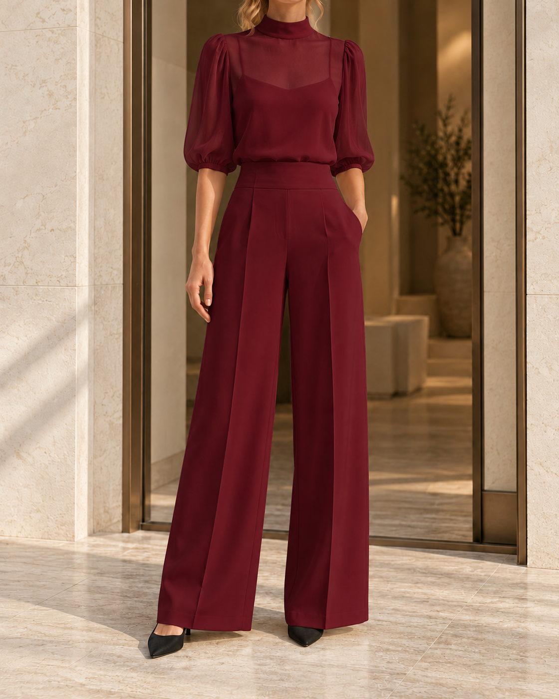 European And American Cross-Border Fashion Set For Women, New Summer Style, Slimming Printed Short-Sleeve Wide-Leg Pants Three-Piece Set — Wine red