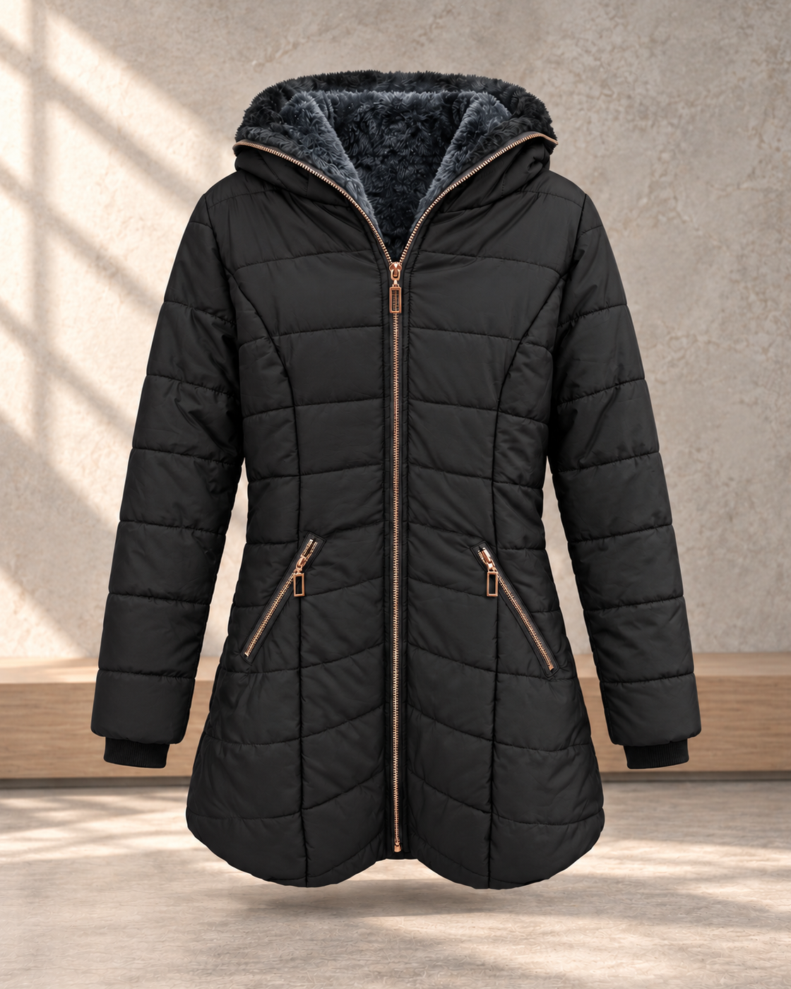 Hooded long-sleeved warm and velvet cotton jacket — BLACK A