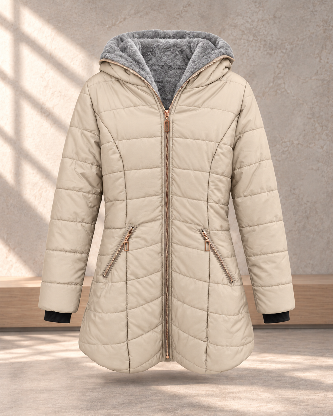 Hooded long-sleeved warm and velvet cotton jacket — Beige