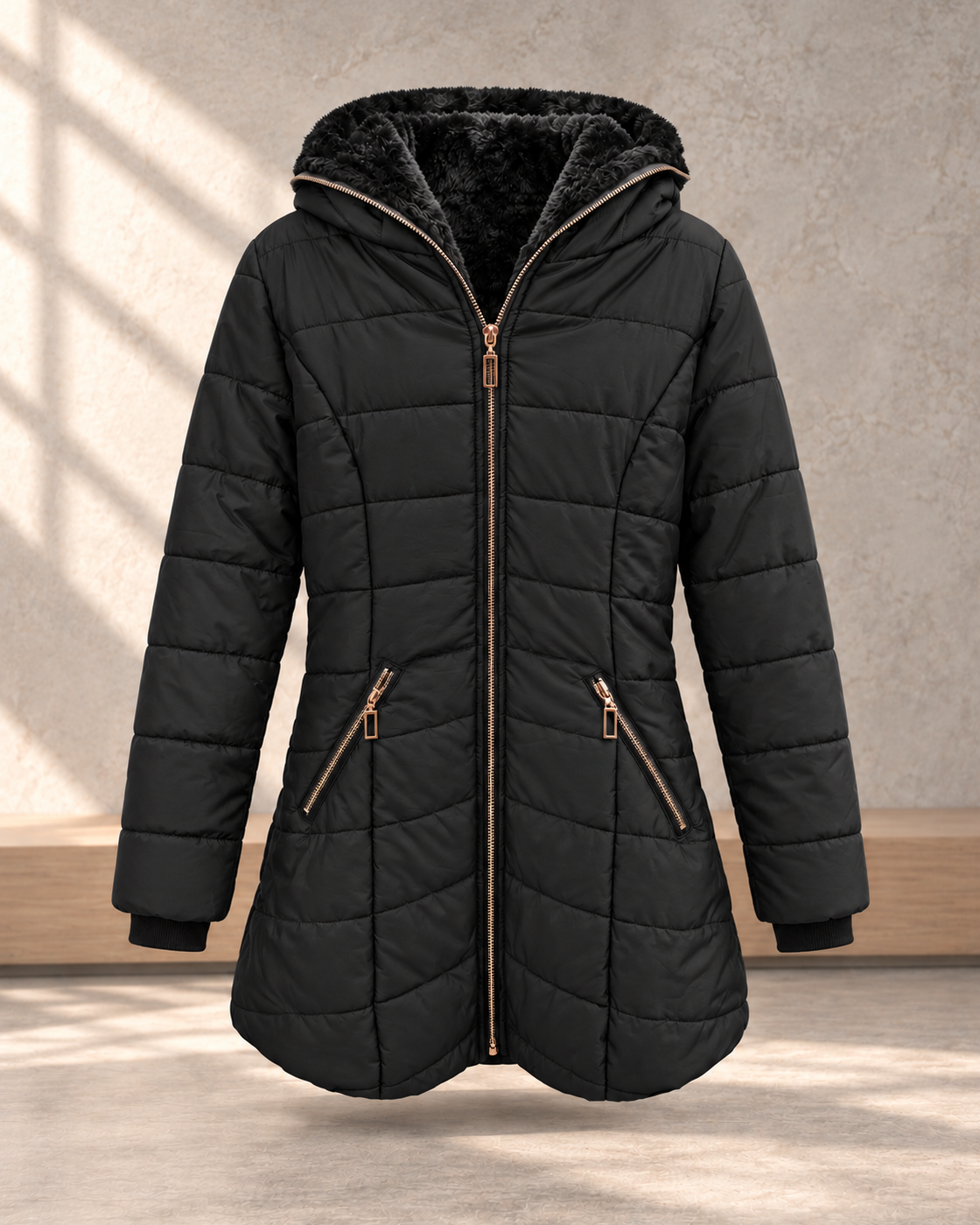 Hooded long-sleeved warm and velvet cotton jacket — Black