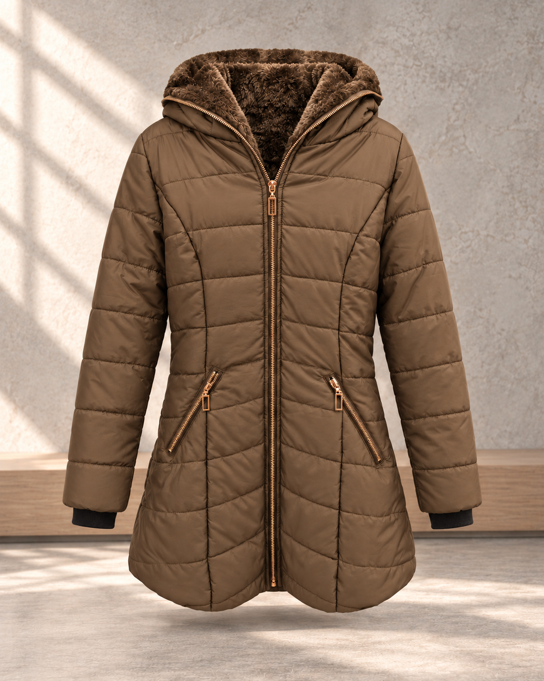 Hooded long-sleeved warm and velvet cotton jacket — Coffee