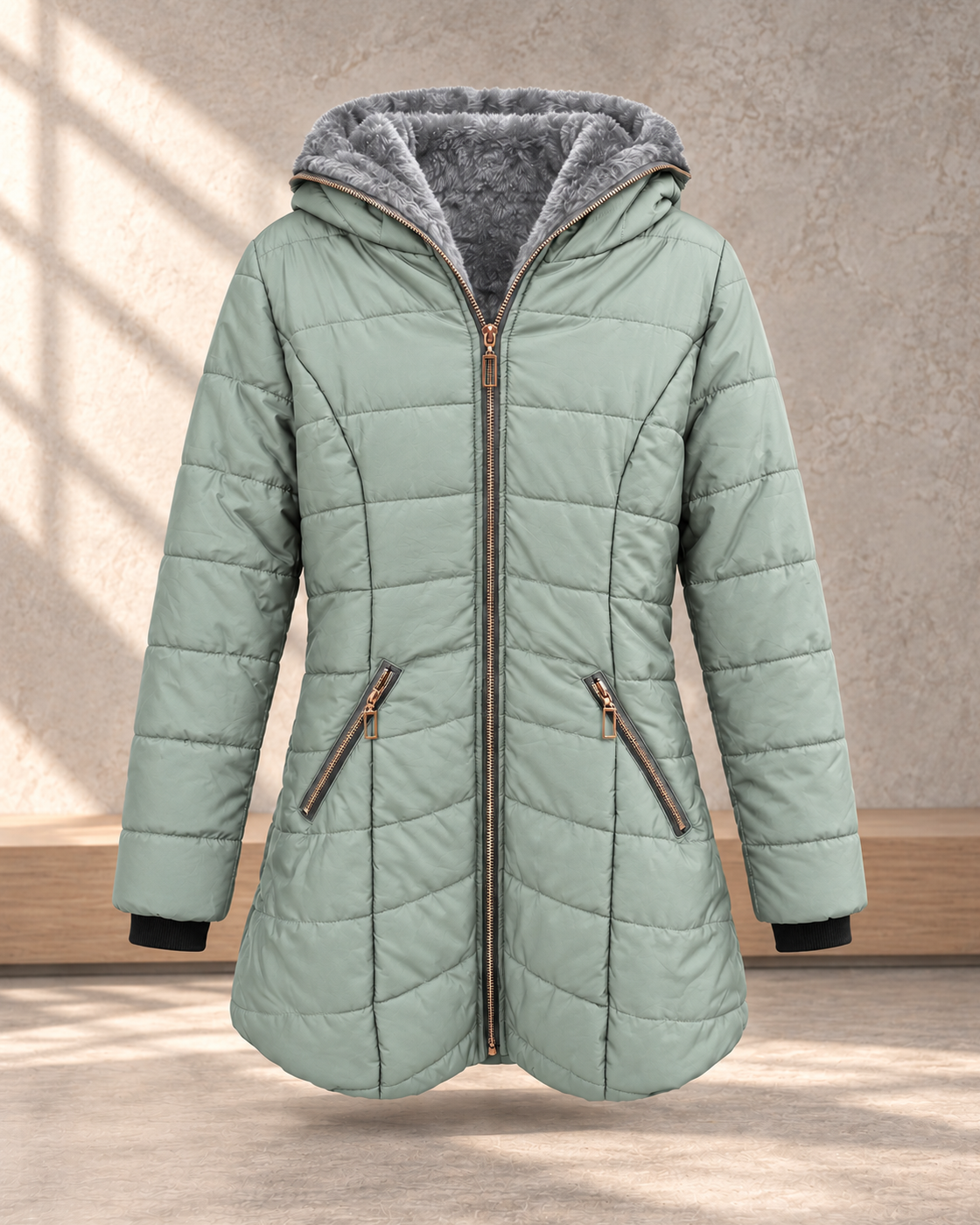 Hooded long-sleeved warm and velvet cotton jacket — Cyan