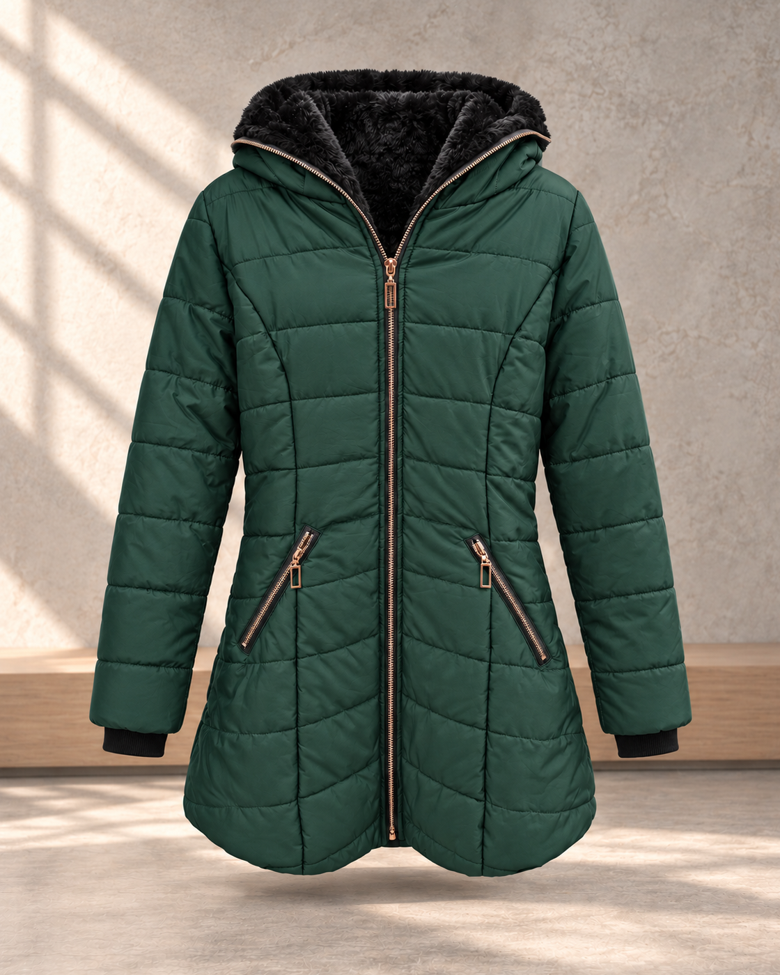 Hooded long-sleeved warm and velvet cotton jacket — Green